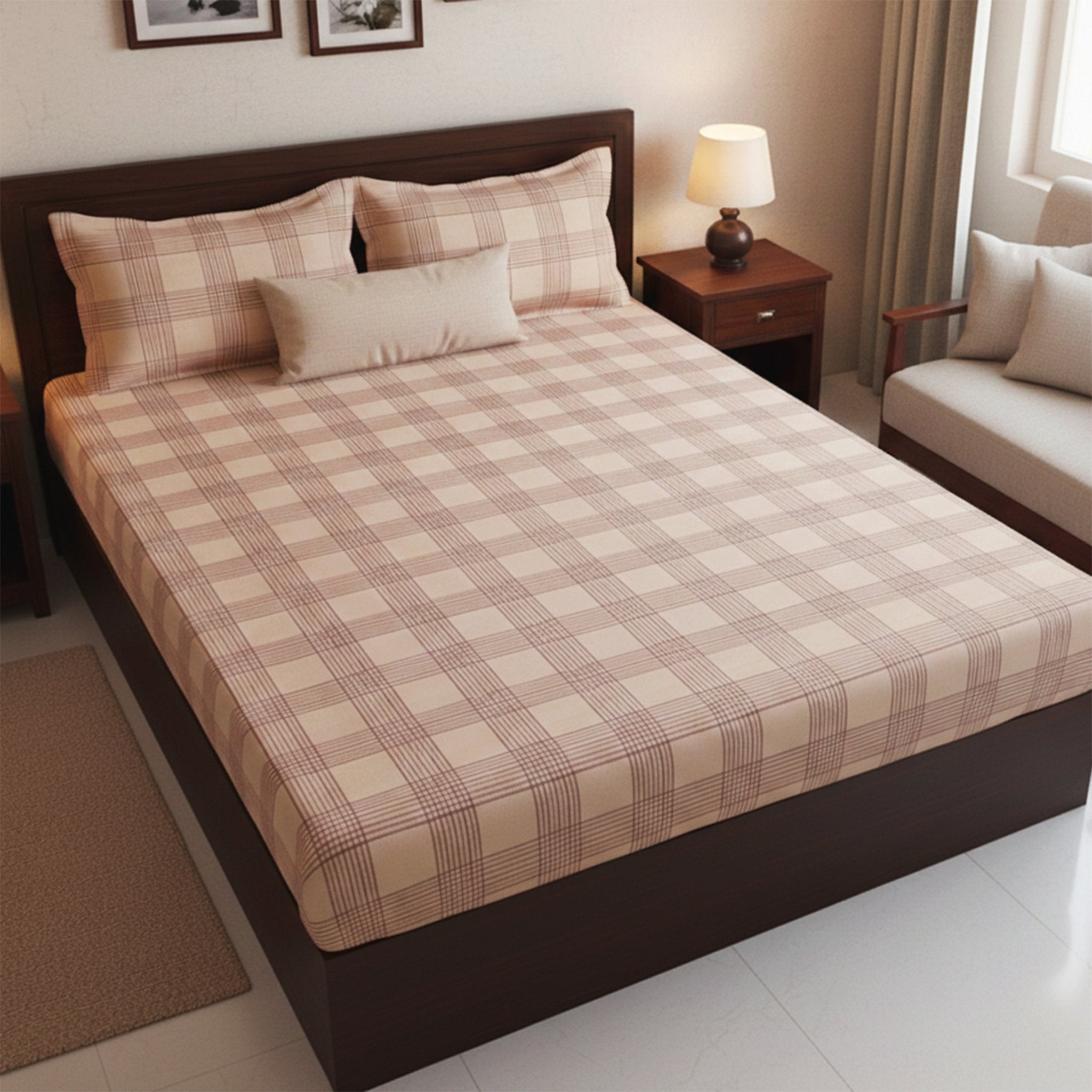Sigma Beige Handwoven Cotton Double Bedsheet with 2 Pillow Covers by Athom Living - Athom Living