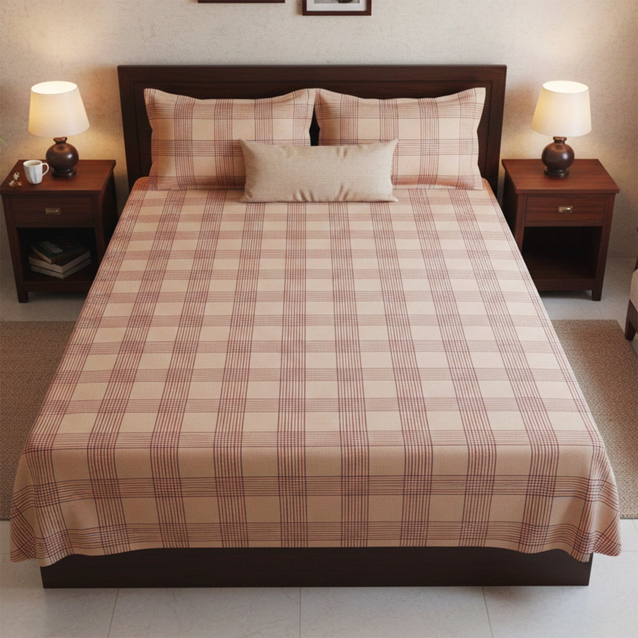 Sigma Beige Handwoven Cotton Double Bedsheet with 2 Pillow Covers by Athom Living - Athom Living