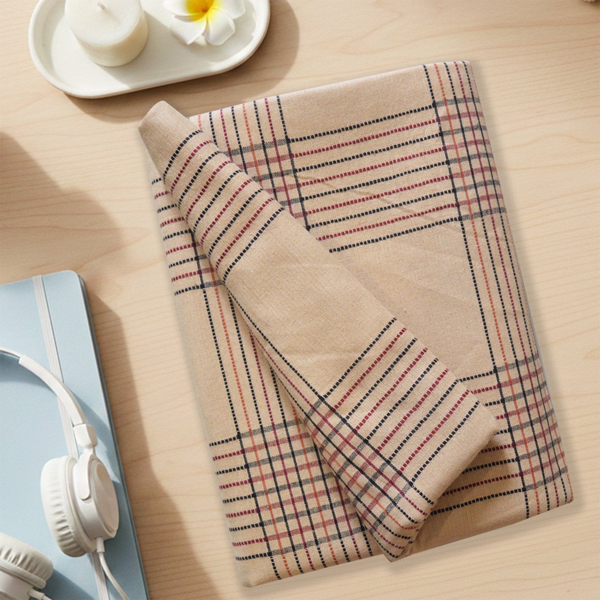 Sigma Beige Handwoven Cotton Double Bedsheet with 2 Pillow Covers by Athom Living - Athom Living
