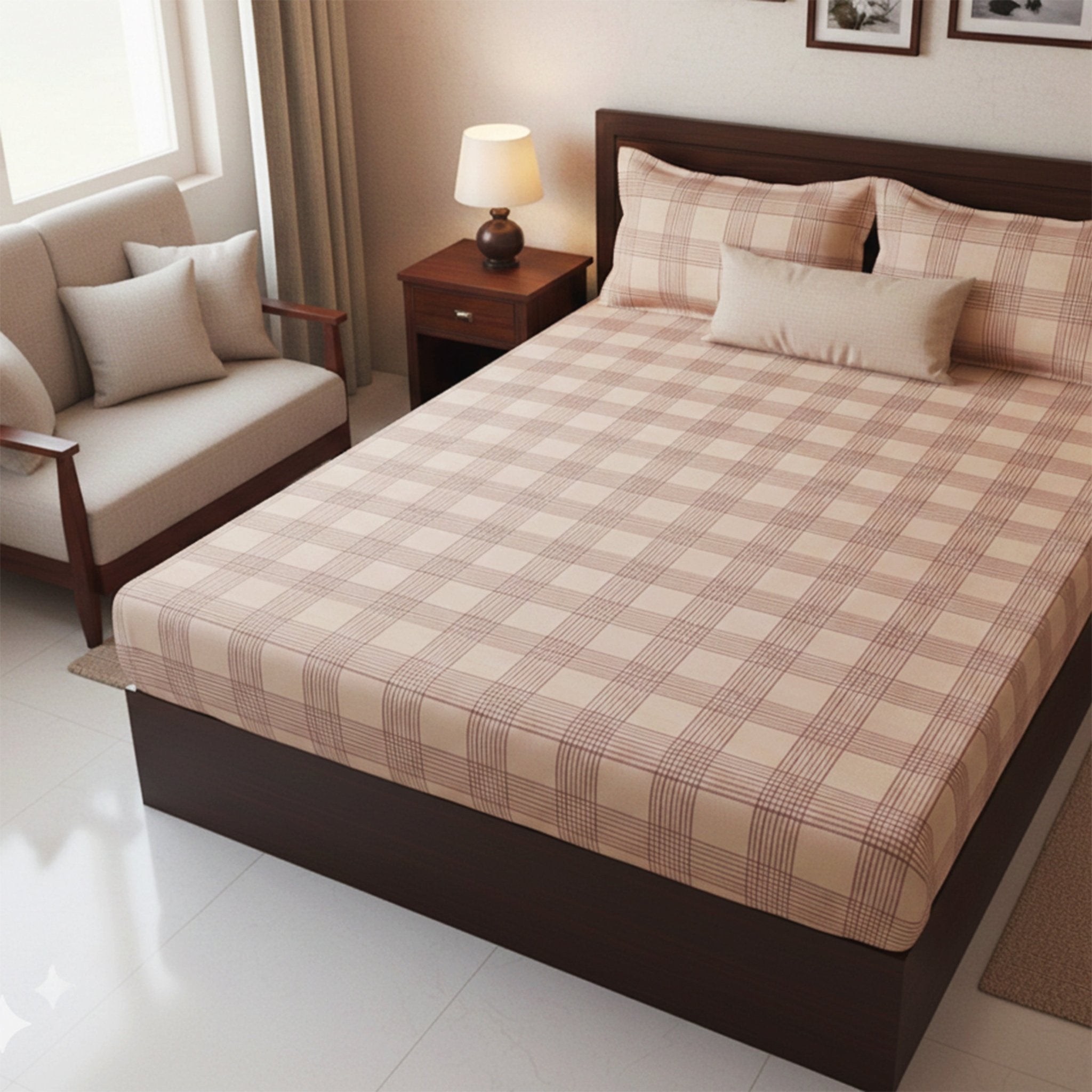 Sigma Beige Handwoven Cotton Double Bedsheet with 2 Pillow Covers by Athom Living - Athom Living