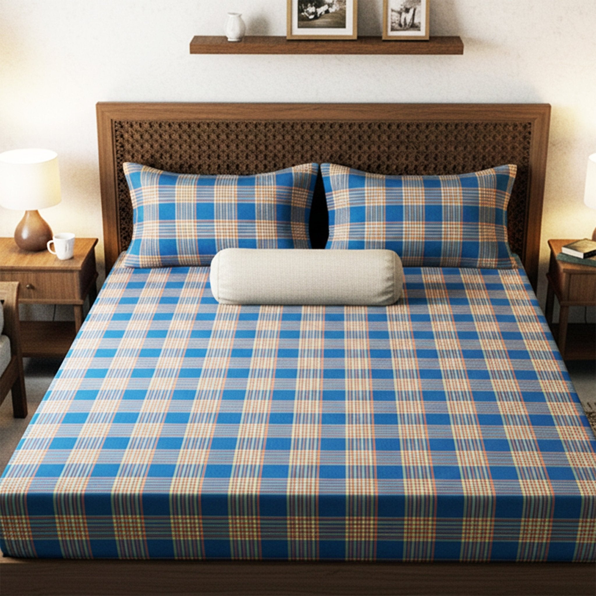 Sigma Blue Handwoven Cotton Double Bedsheet with 2 Pillow Cover by Athom Living - Athom Living
