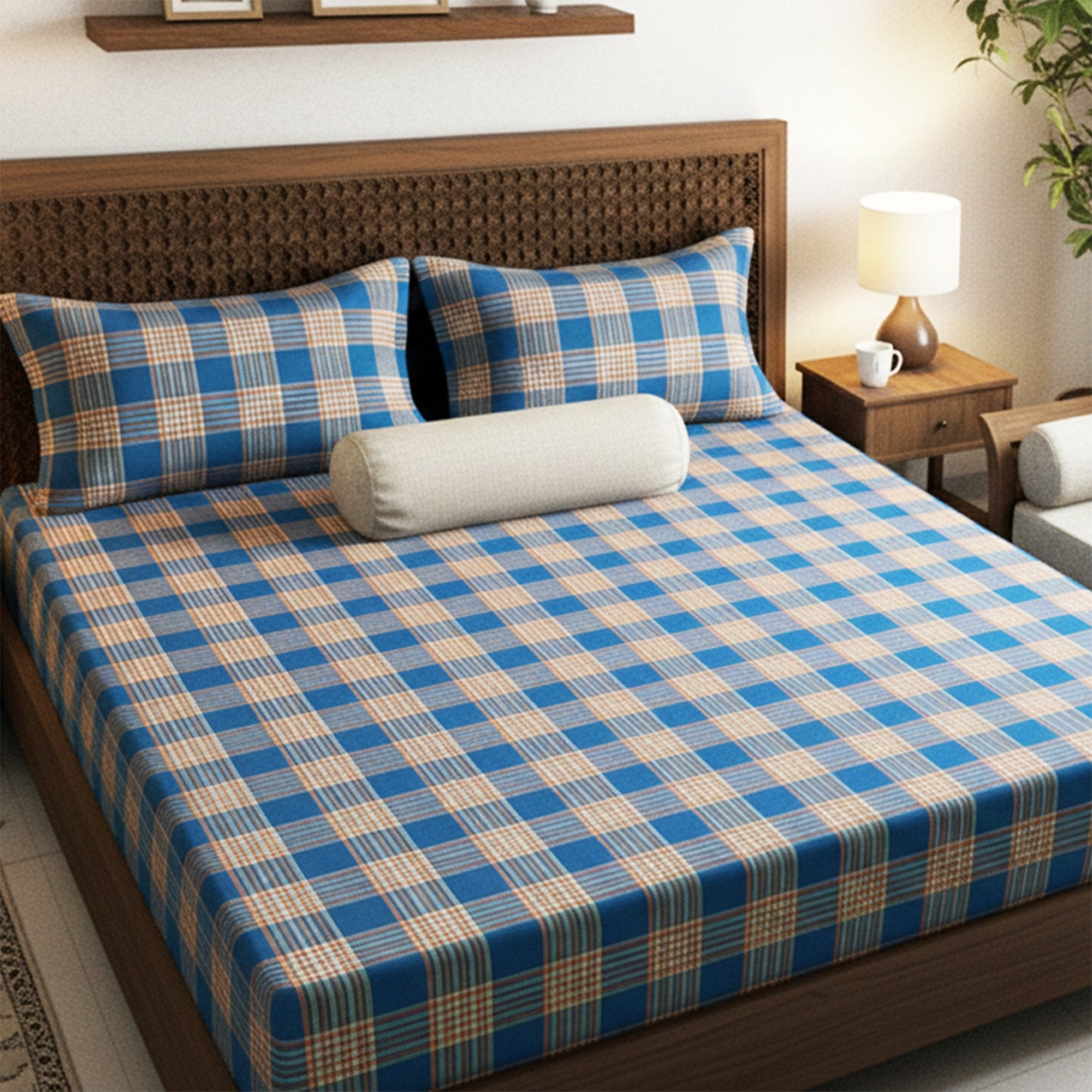 Sigma Blue Handwoven Cotton Double Bedsheet with 2 Pillow Cover by Athom Living - Athom Living