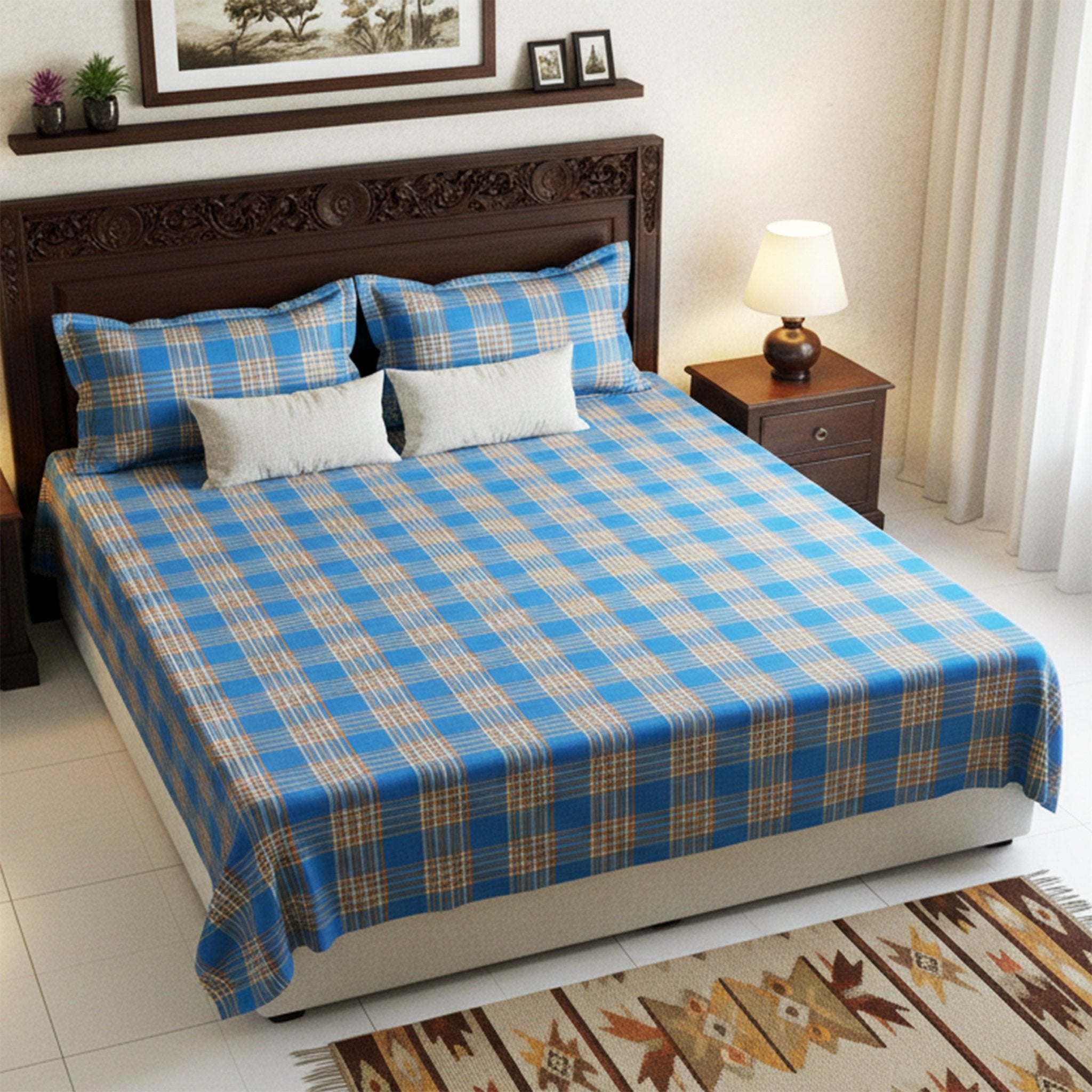 Sigma Blue Handwoven Cotton Double Bedsheet with 2 Pillow Cover by Athom Living - Athom Living