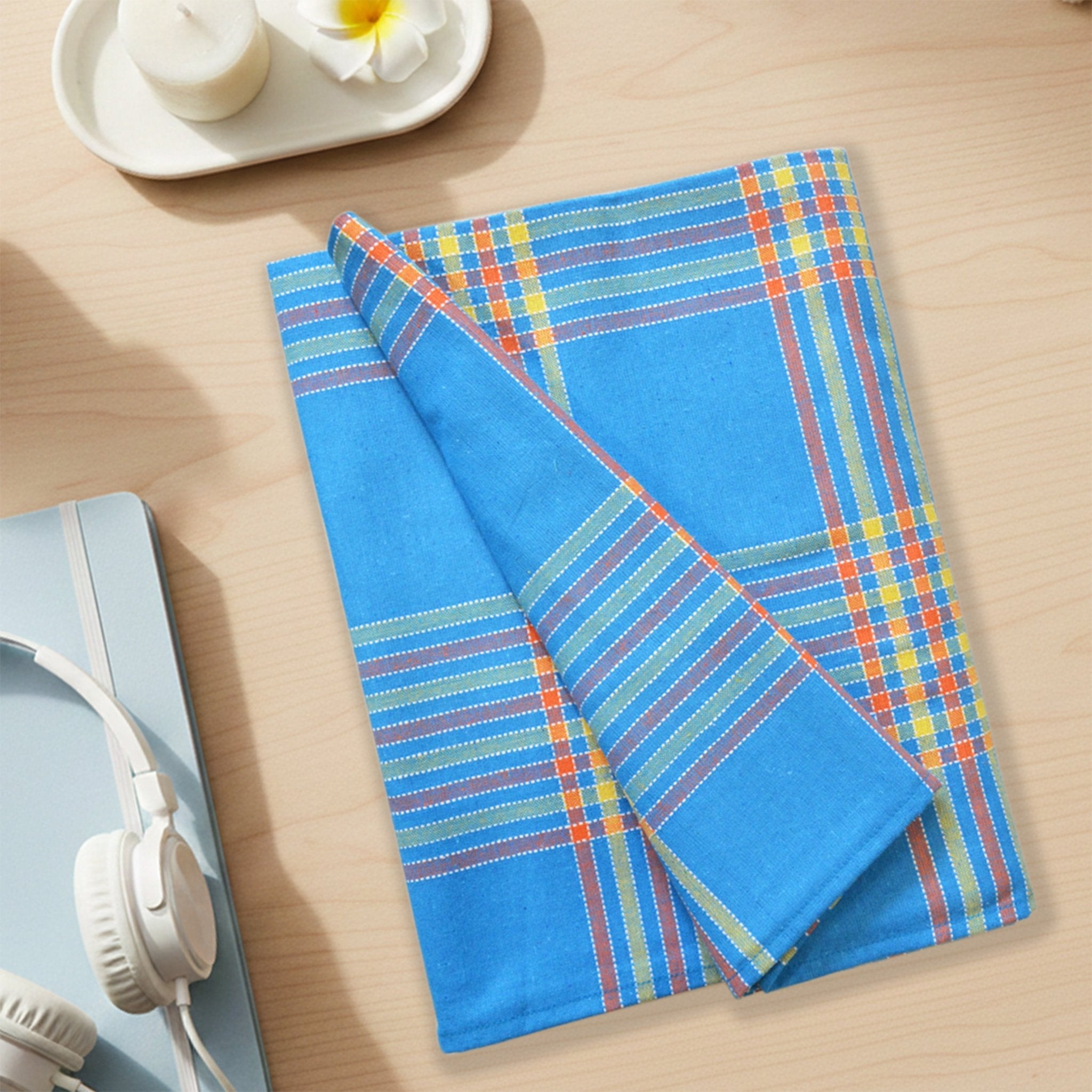 Sigma Blue Handwoven Cotton Double Bedsheet with 2 Pillow Cover by Athom Living - Athom Living