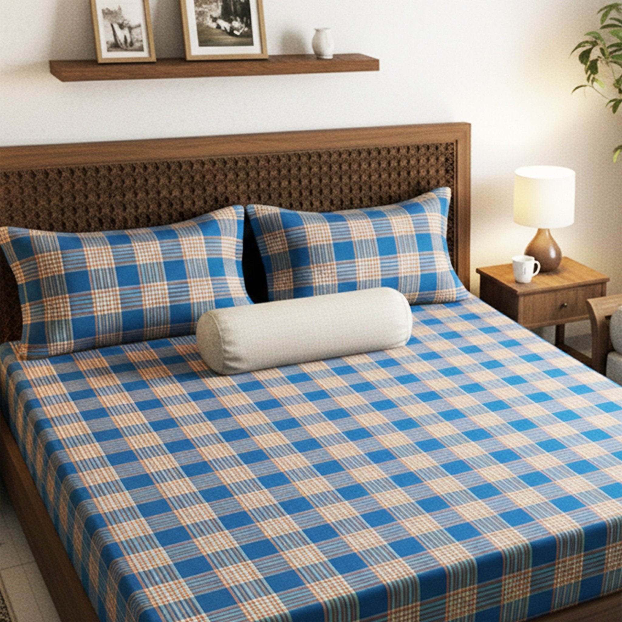 Sigma Blue Handwoven Cotton Double Bedsheet with 2 Pillow Cover by Athom Living - Athom Living