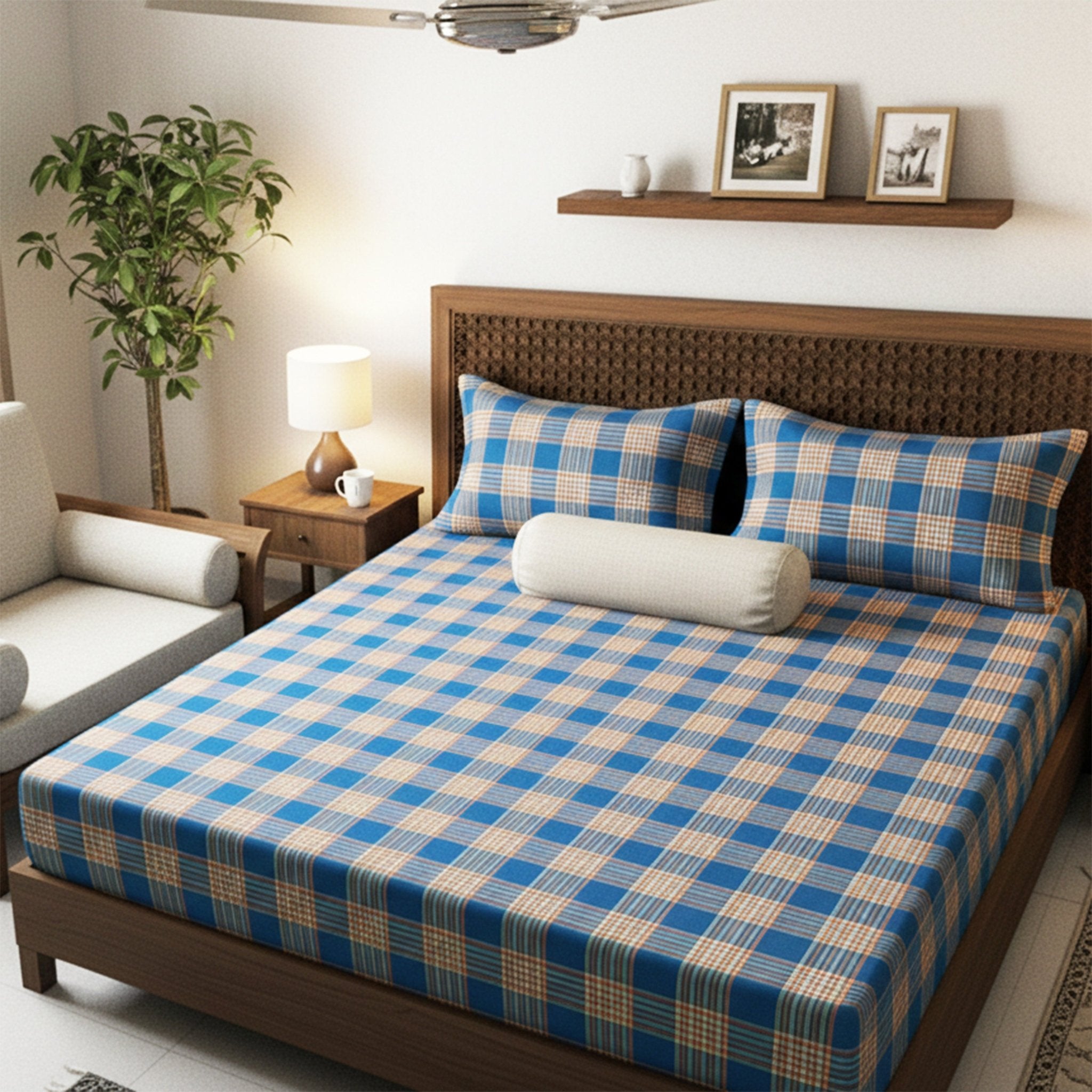 Sigma Blue Handwoven Cotton Double Bedsheet with 2 Pillow Cover by Athom Living - Athom Living