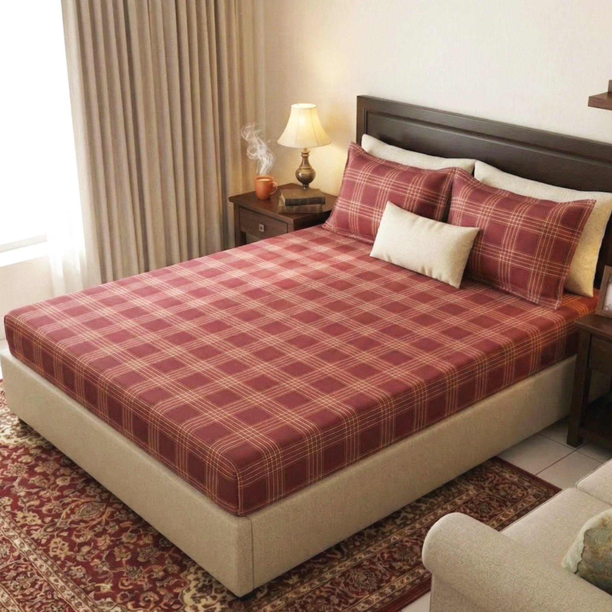 Sigma Maroon Handwoven Cotton Double Bedsheet with 2 Pillow Cover by Athom Living - Athom Living