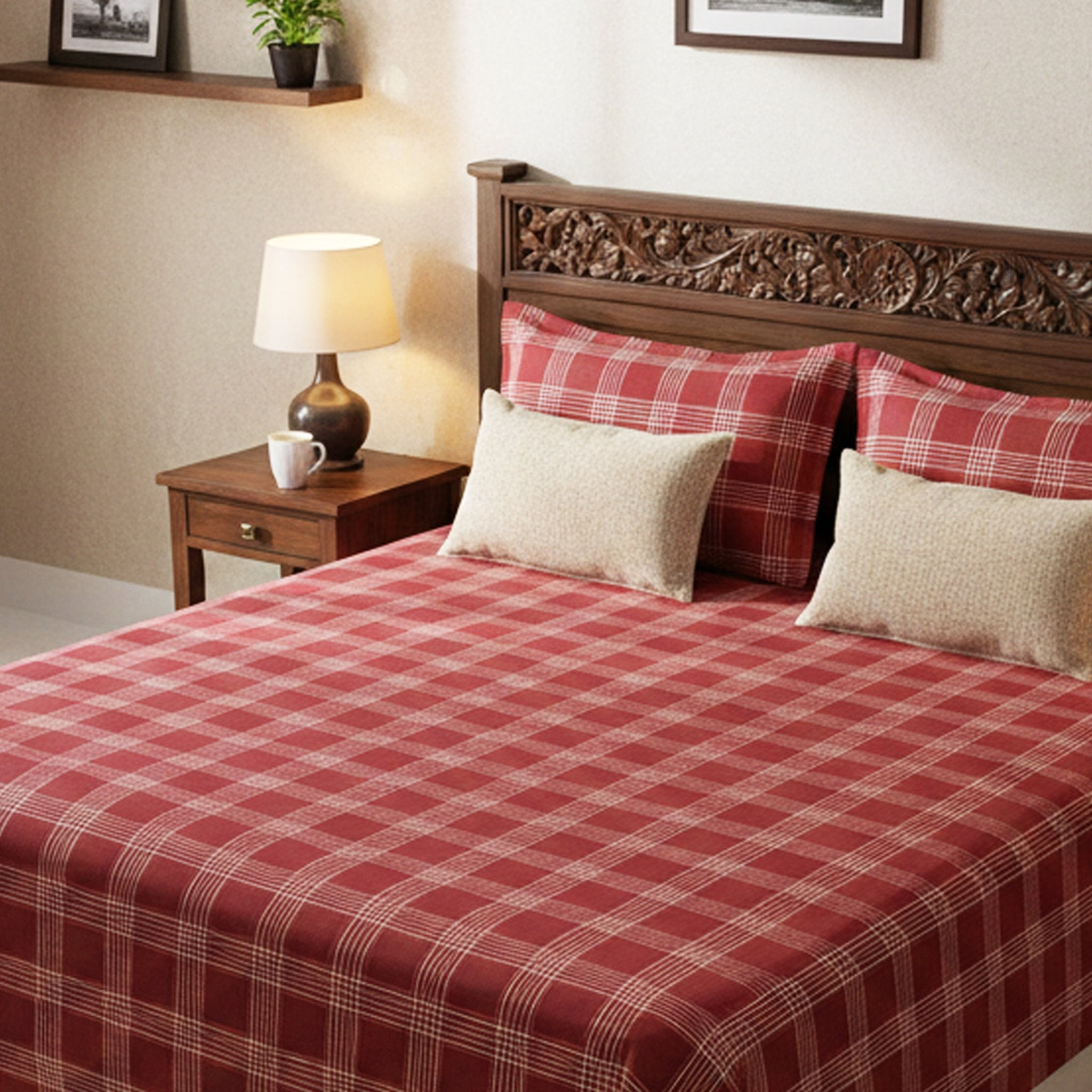 Sigma Maroon Handwoven Cotton Double Bedsheet with 2 Pillow Cover by Athom Living - Athom Living