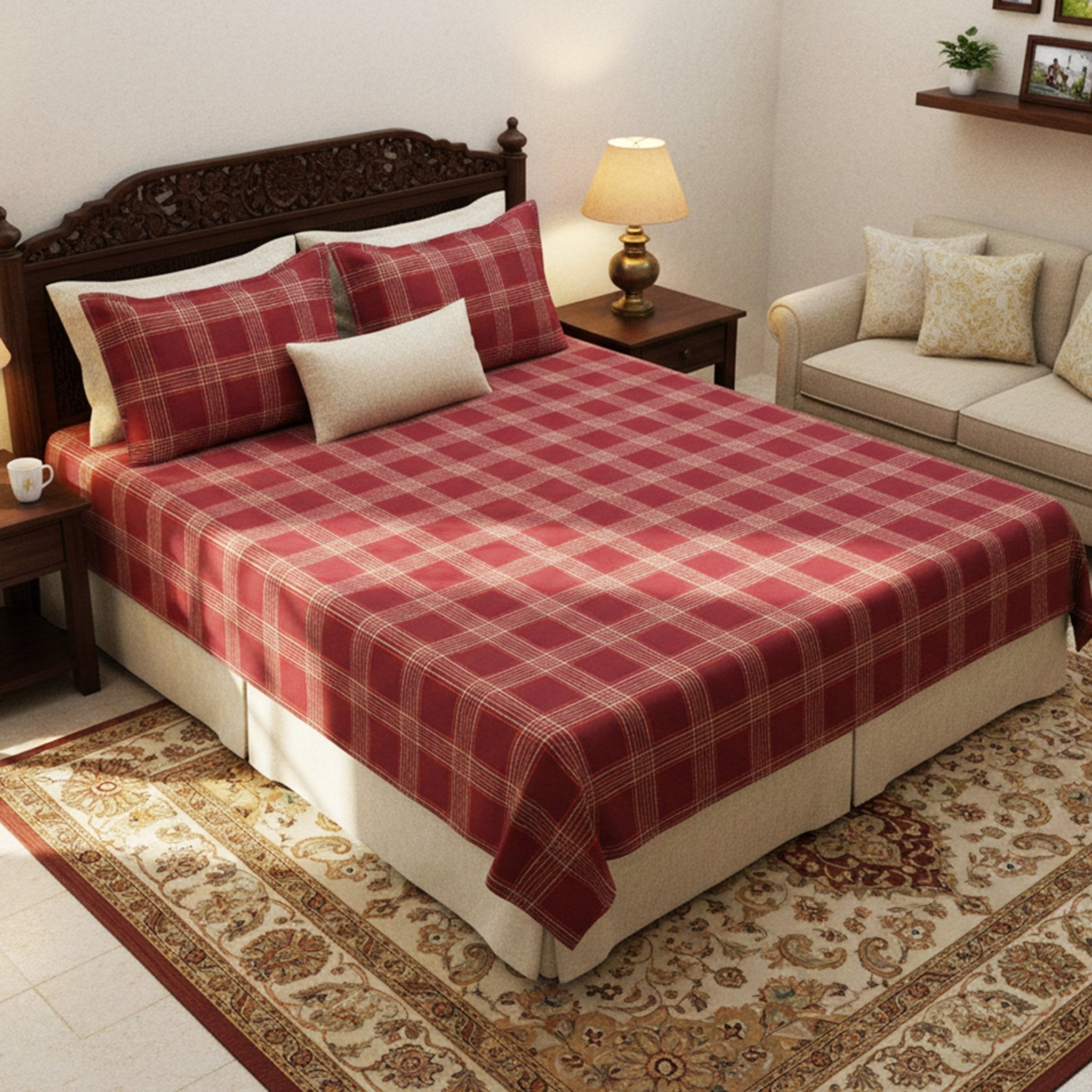 Sigma Maroon Handwoven Cotton Double Bedsheet with 2 Pillow Cover by Athom Living - Athom Living