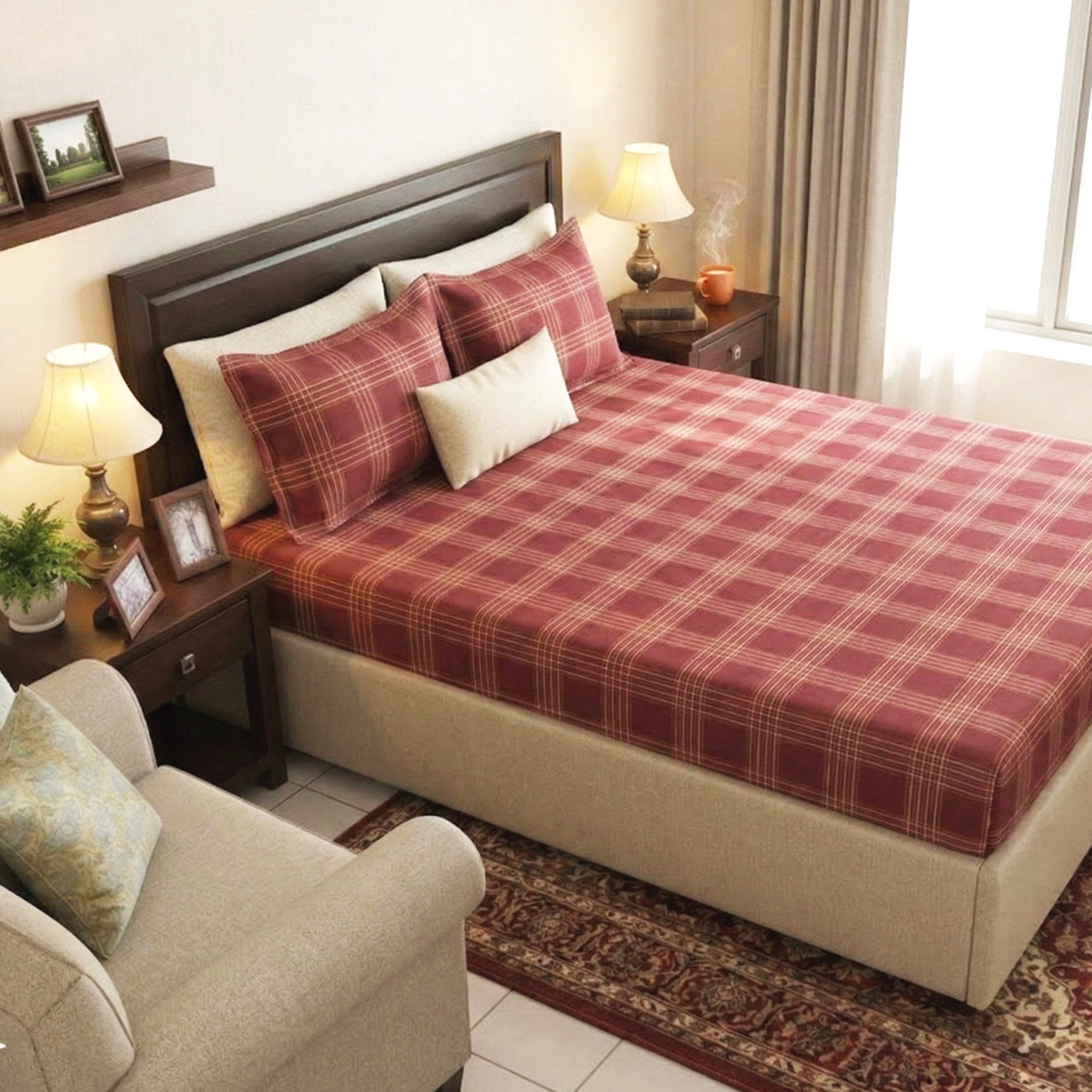 Sigma Maroon Handwoven Cotton Double Bedsheet with 2 Pillow Cover by Athom Living - Athom Living