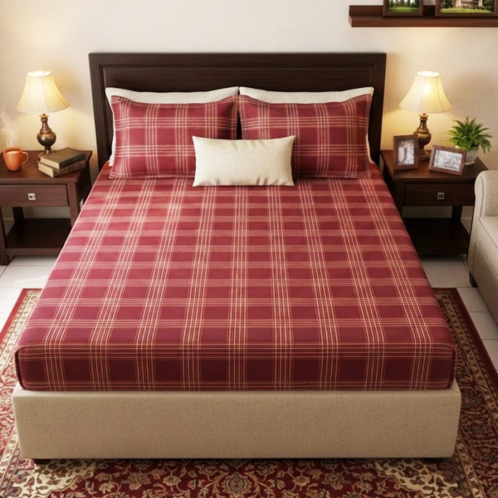Sigma Maroon Handwoven Cotton Double Bedsheet with 2 Pillow Cover by Athom Living - Athom Living