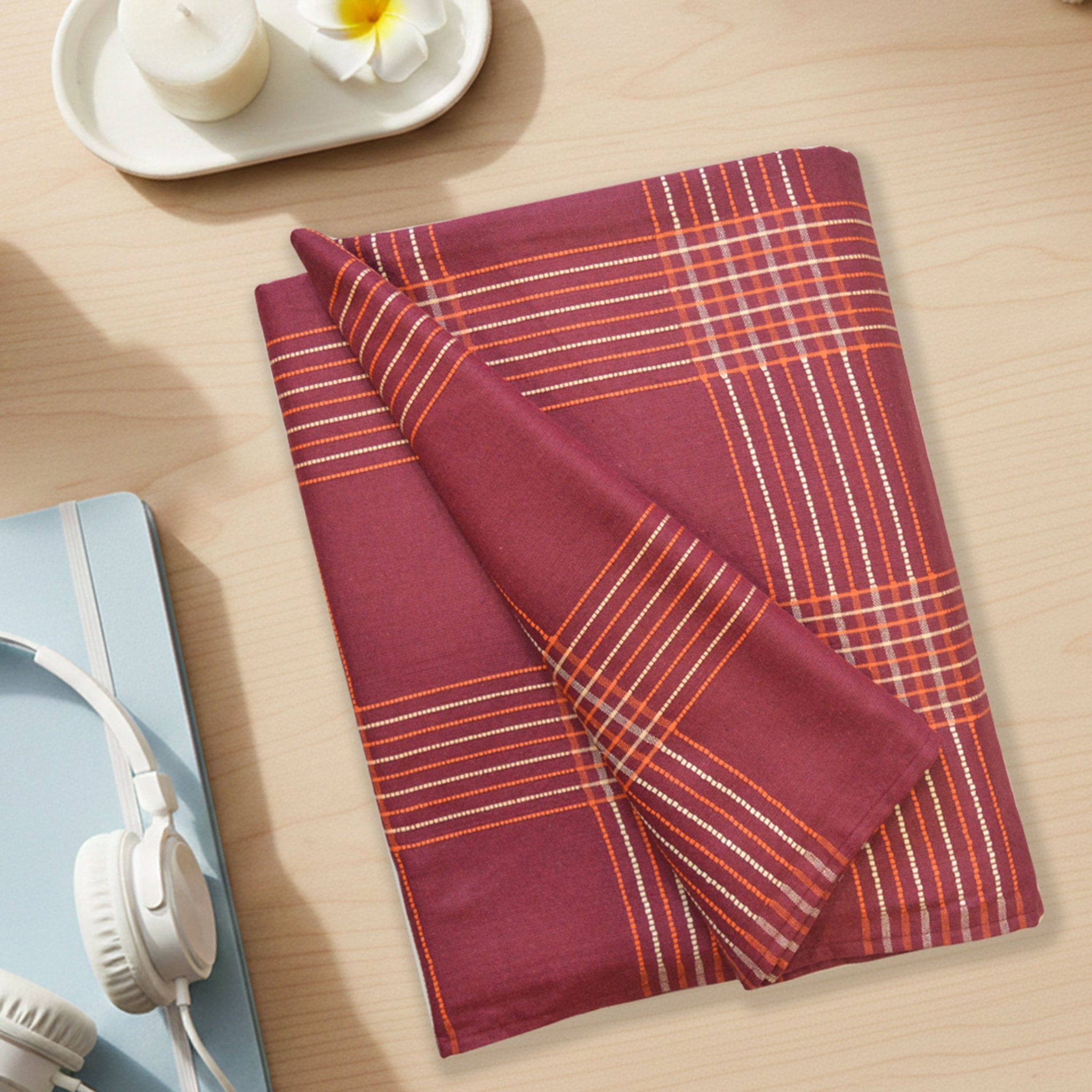 Sigma Maroon Handwoven Cotton Double Bedsheet with 2 Pillow Cover by Athom Living - Athom Living