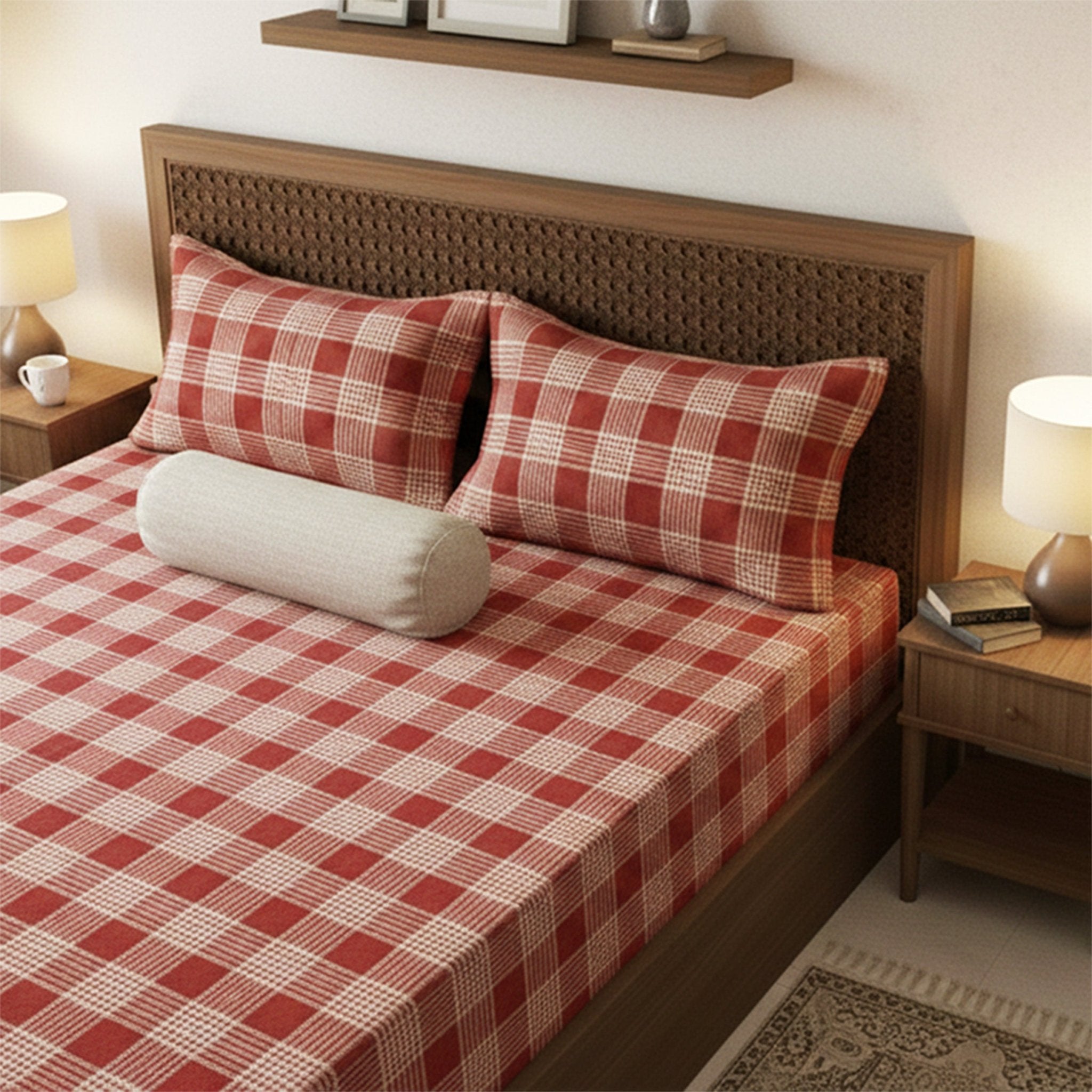 Sigma Maroon Handwoven Cotton Double Bedsheet with 2 Pillow Covers by Athom Living - Athom Living