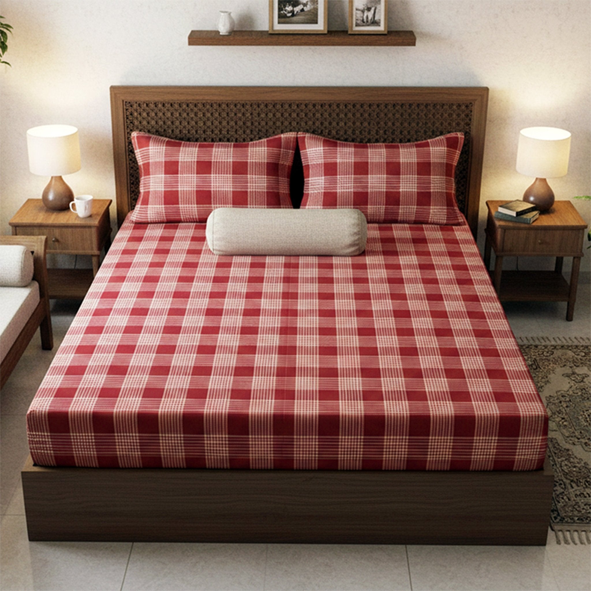 Sigma Maroon Handwoven Cotton Double Bedsheet with 2 Pillow Covers by Athom Living - Athom Living