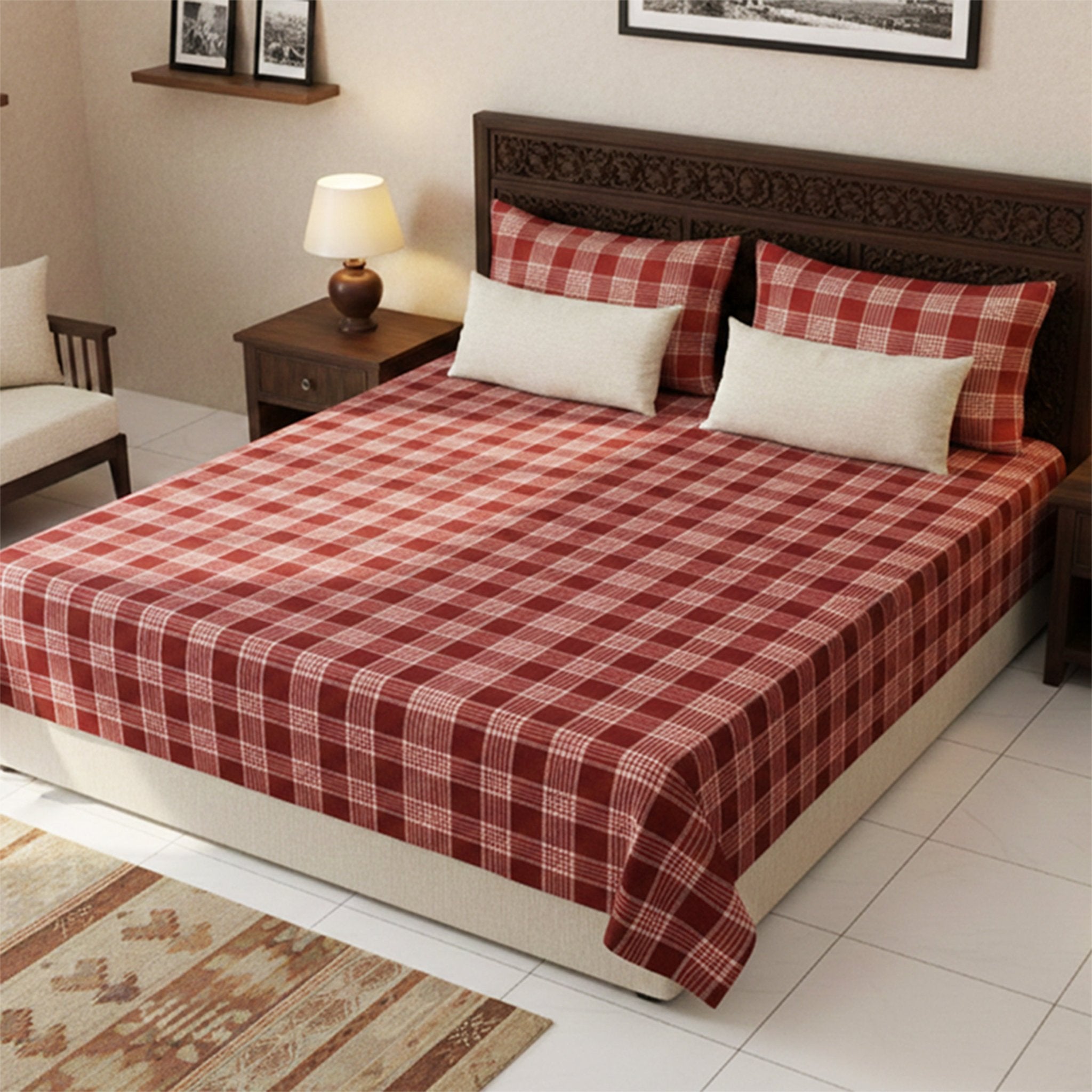 Sigma Maroon Handwoven Cotton Double Bedsheet with 2 Pillow Covers by Athom Living - Athom Living