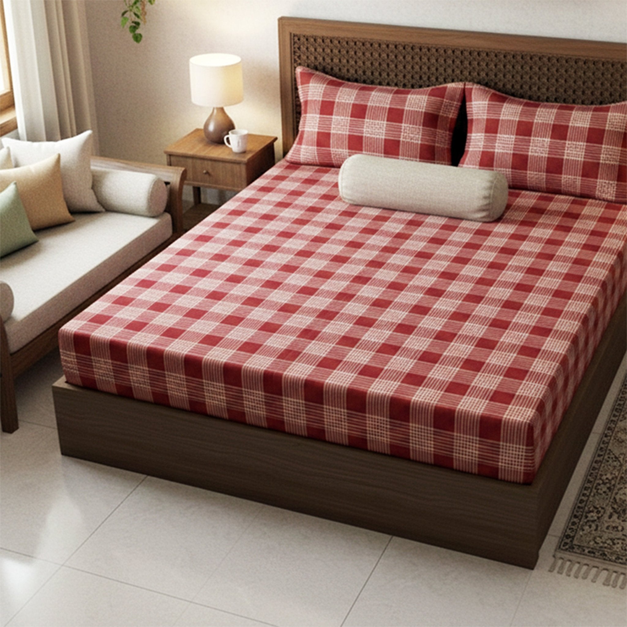 Sigma Maroon Handwoven Cotton Double Bedsheet with 2 Pillow Covers by Athom Living - Athom Living