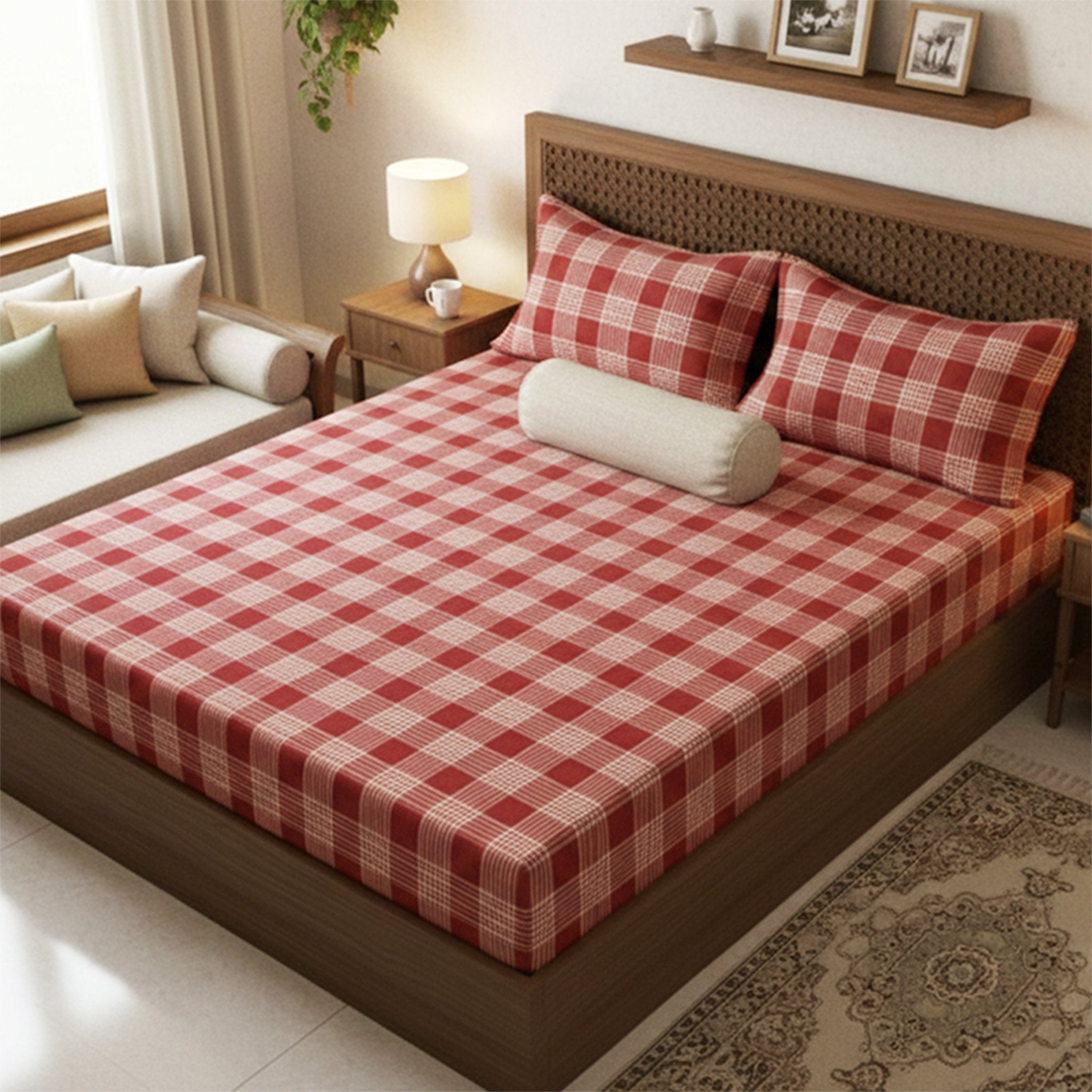 Sigma Maroon Handwoven Cotton Double Bedsheet with 2 Pillow Covers by Athom Living - Athom Living