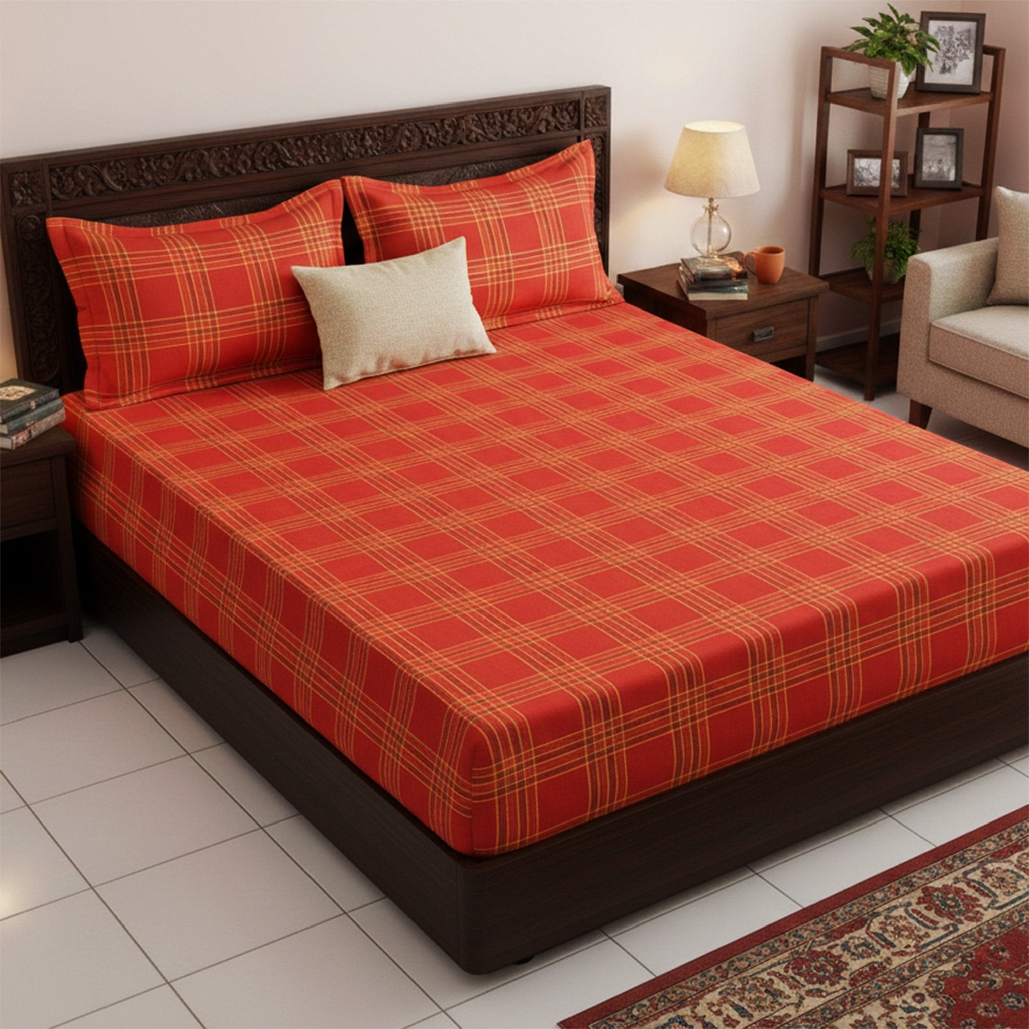 Sigma Red Handwoven Cotton Double Bedsheet with 2 Pillow Covers by Athom Living - Athom Living