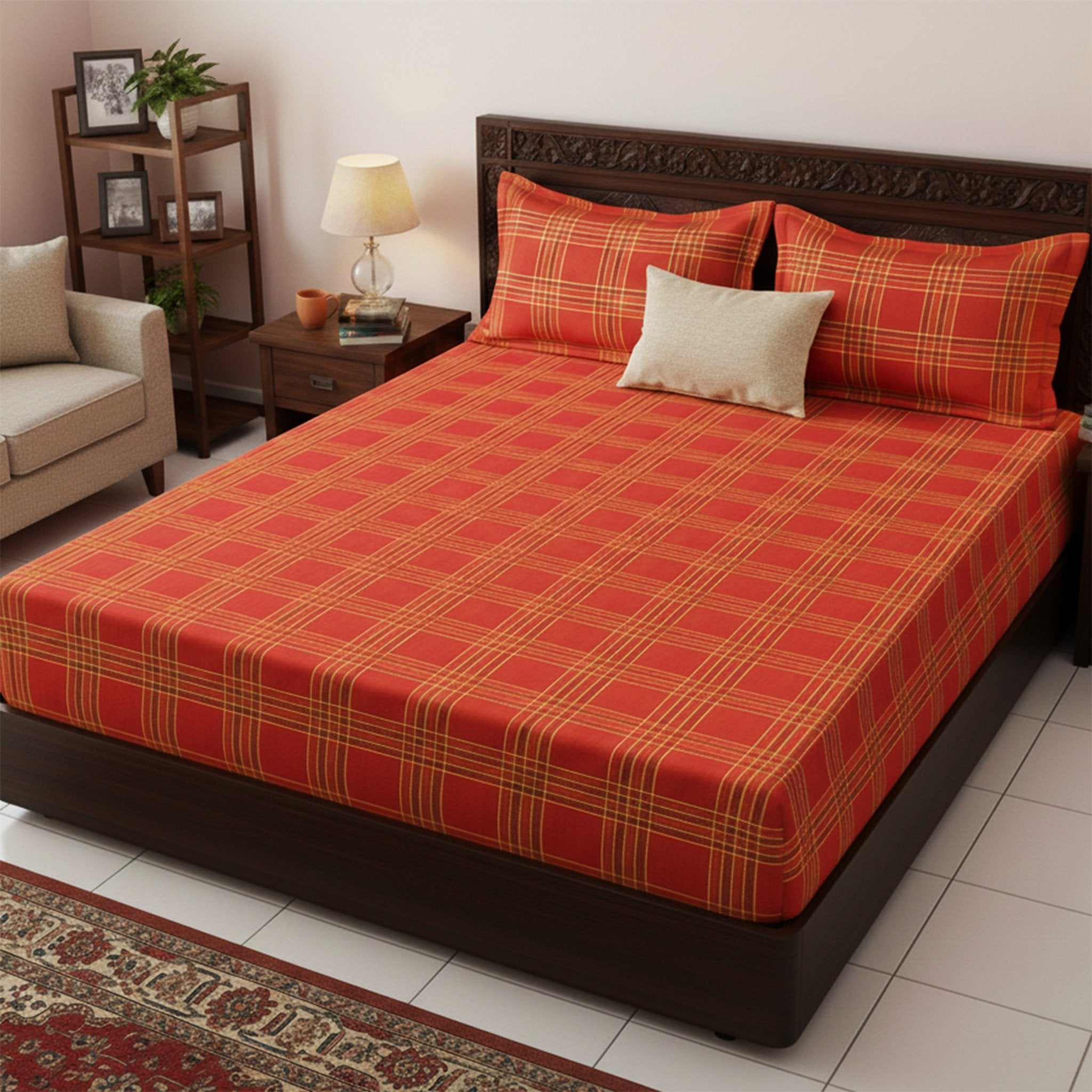 Sigma Red Handwoven Cotton Double Bedsheet with 2 Pillow Covers by Athom Living - Athom Living