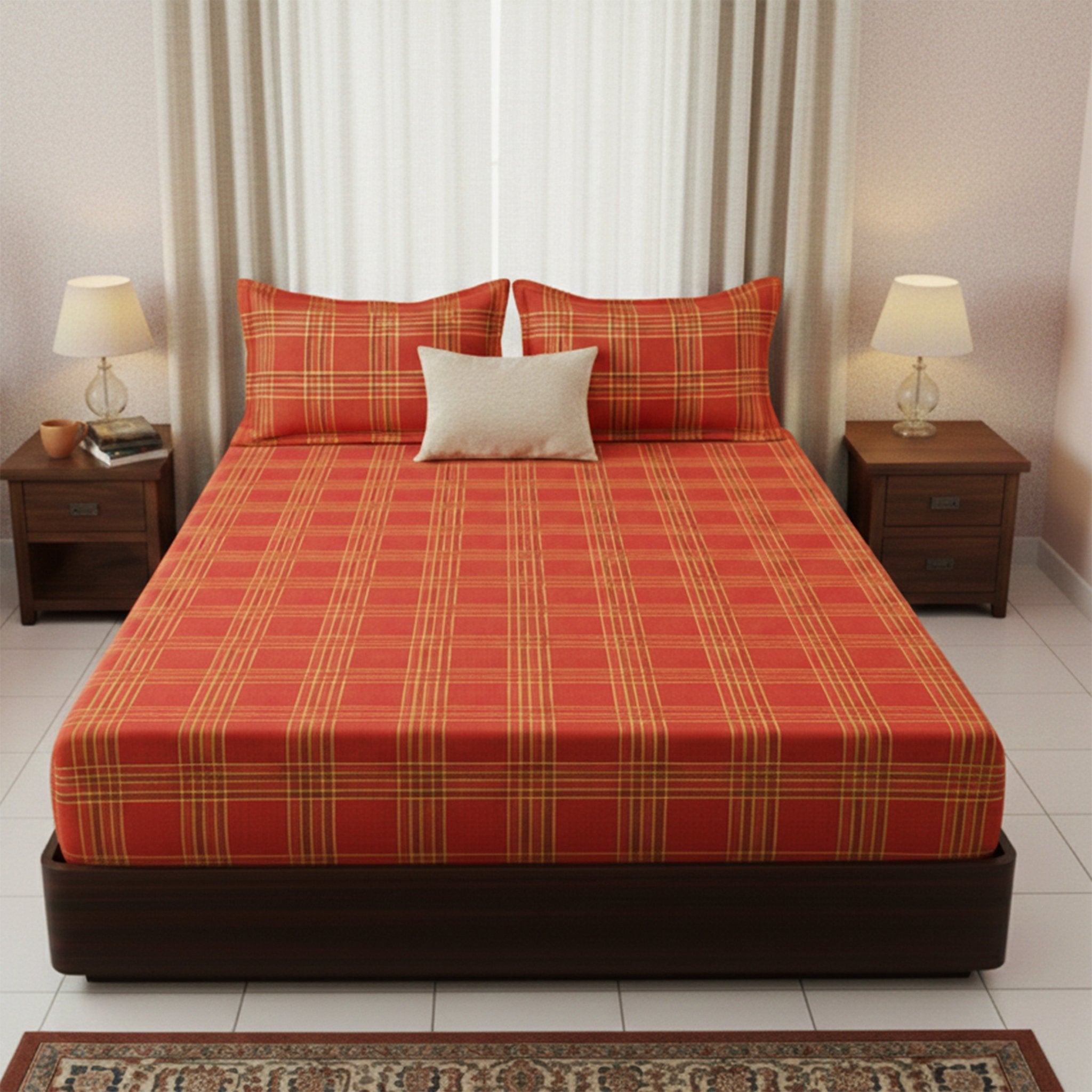 Sigma Red Handwoven Cotton Double Bedsheet with 2 Pillow Covers by Athom Living - Athom Living