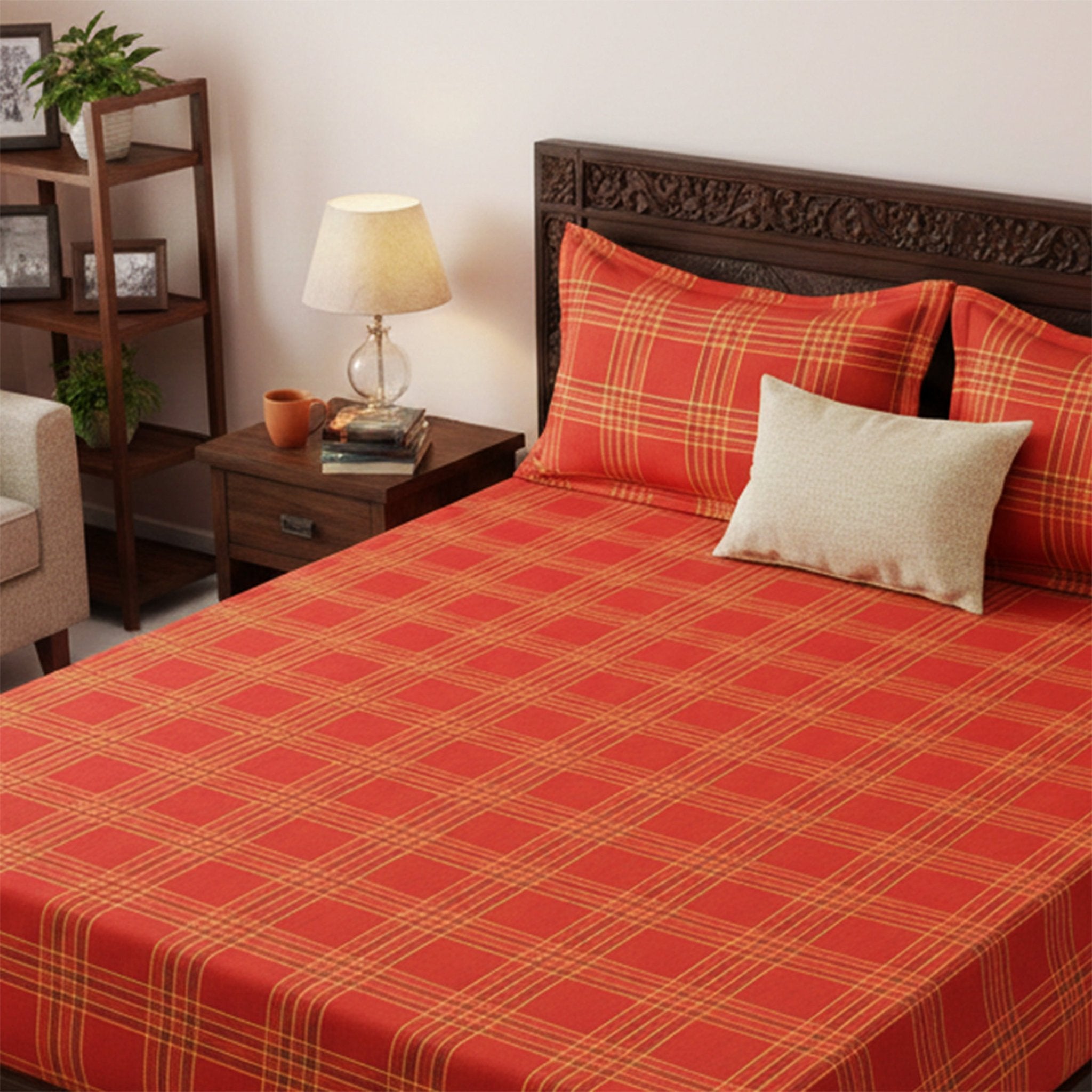 Sigma Red Handwoven Cotton Double Bedsheet with 2 Pillow Covers by Athom Living - Athom Living