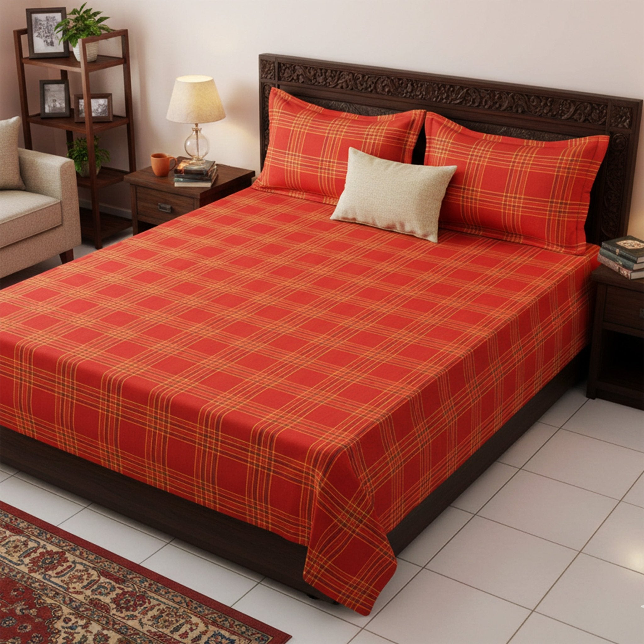 Sigma Red Handwoven Cotton Double Bedsheet with 2 Pillow Covers by Athom Living - Athom Living
