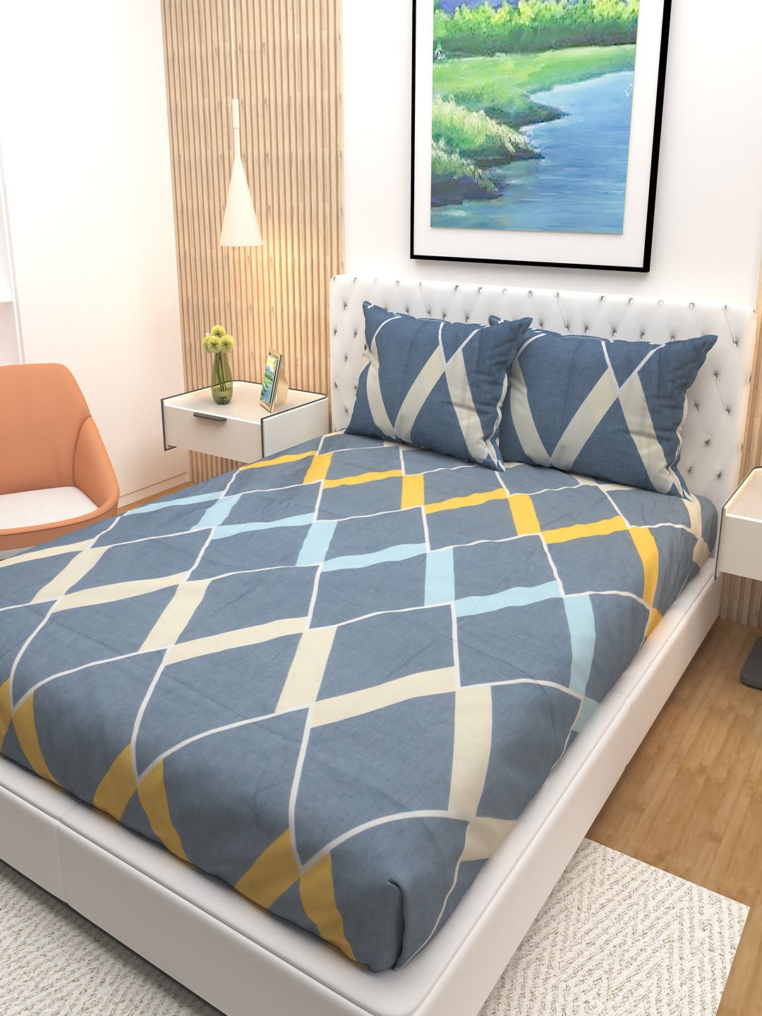 Spiky Blue Diamond Print Premium Double Bedsheet with 2 Pillow Covers by Athom Living - Athom Living