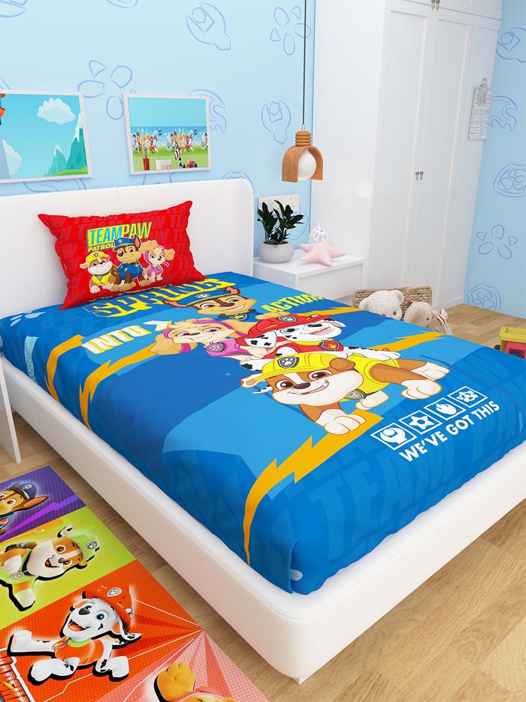 Spring Into Action Paw Patrol Cotton Kids Single Bedsheet with Pillow Cover by Athom Living - Athom Living