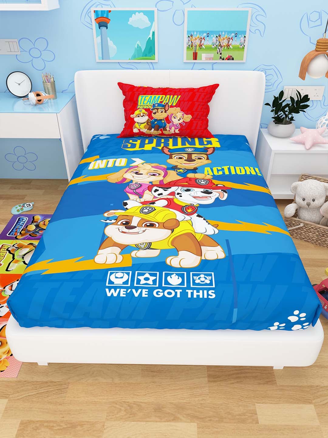 Spring Into Action Paw Patrol Cotton Kids Single Bedsheet with Pillow Cover by Athom Living - Athom Living