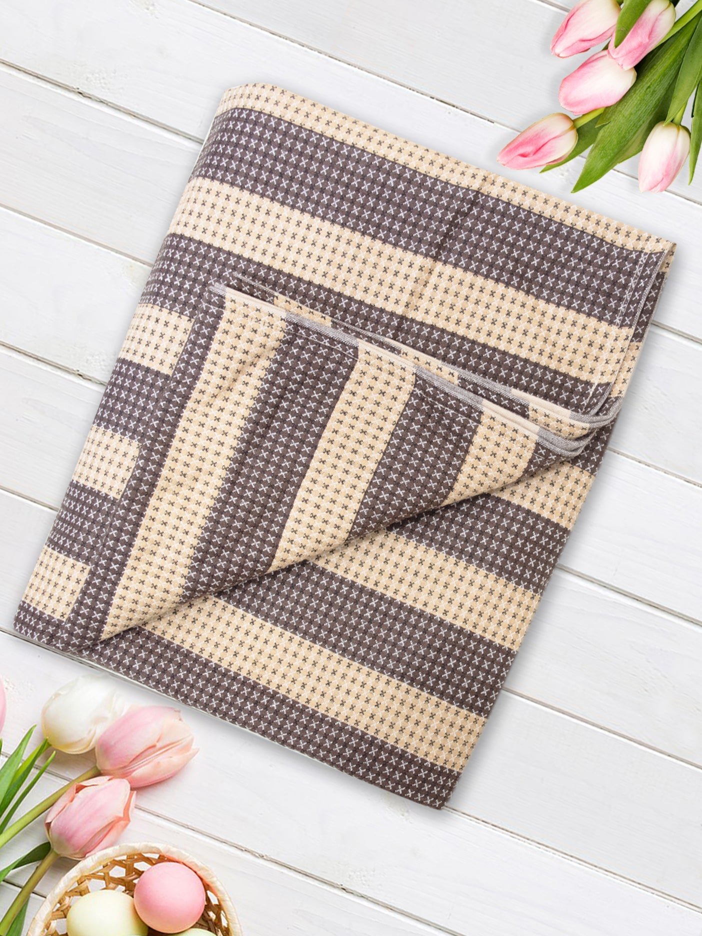 Star Chaddar | Dohar | Bedcover - Summer Stripes Beige Single Cotton Bedsheet Soft & Light by Athom Living - Athom Living