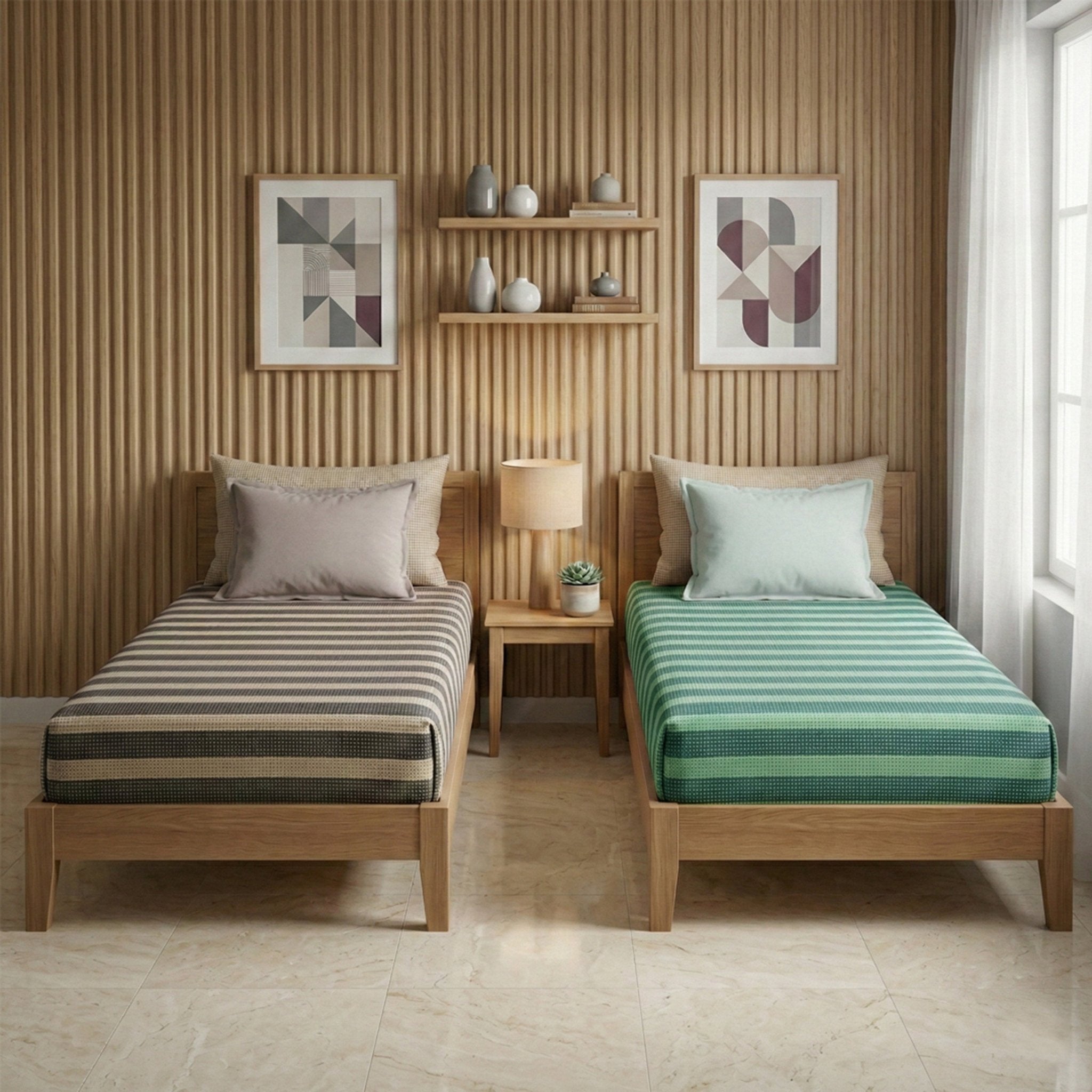 Star Chaddar Stripes Cotton Bedsheet | Brown & Green color, Pack of 2 by Athom Living - Athom Living