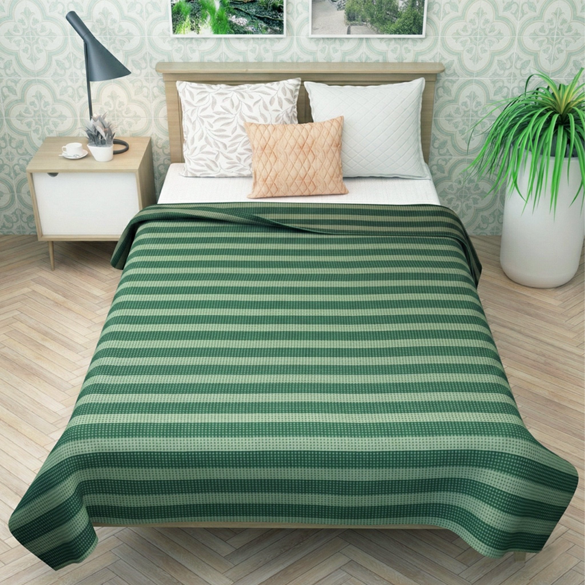 Star Chaddar Stripes Cotton Bedsheet | Brown & Green color, Pack of 2 by Athom Living - Athom Living