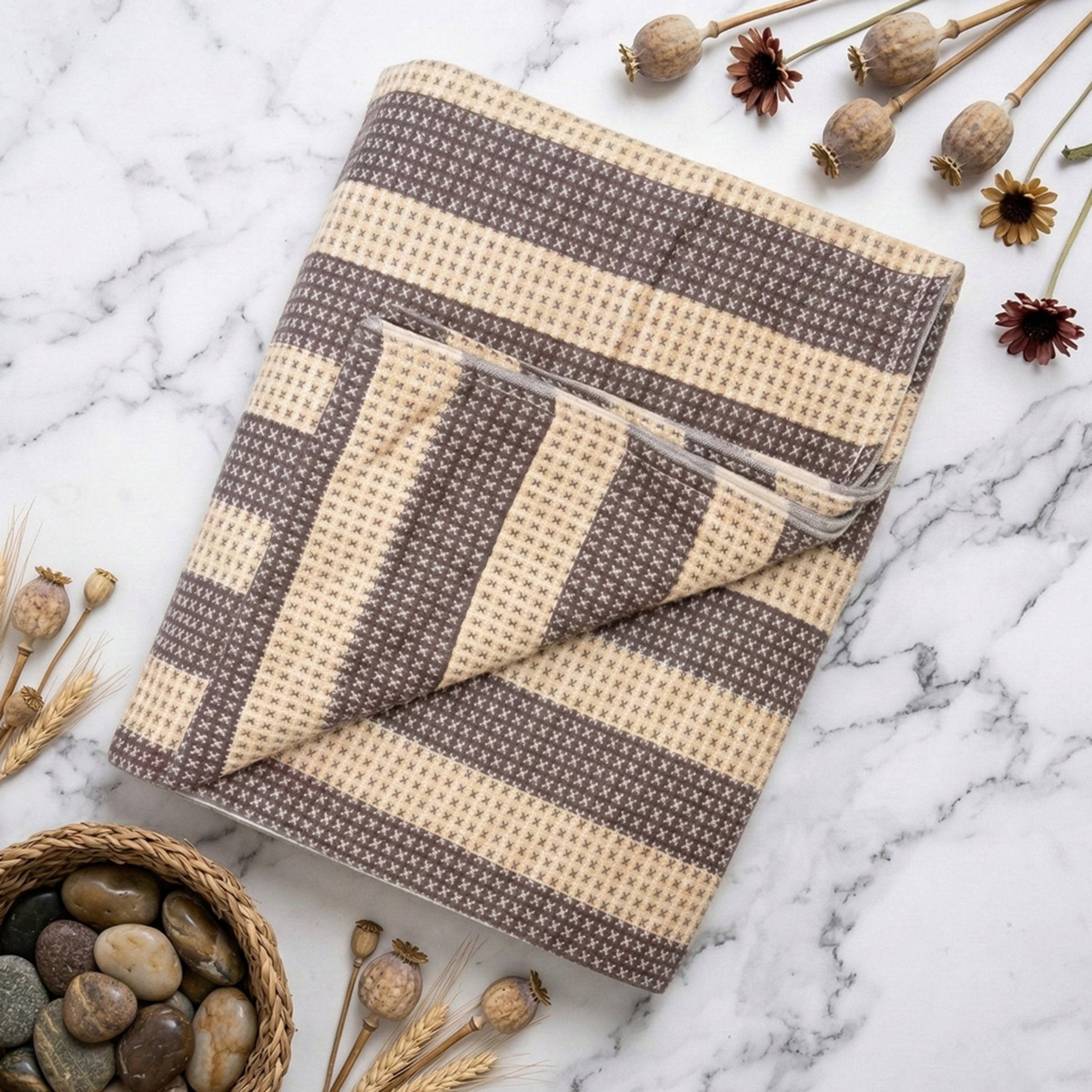 Star Chaddar Stripes Cotton Bedsheet | Brown & Green Pack of 2 by Athom Living - Athom Living