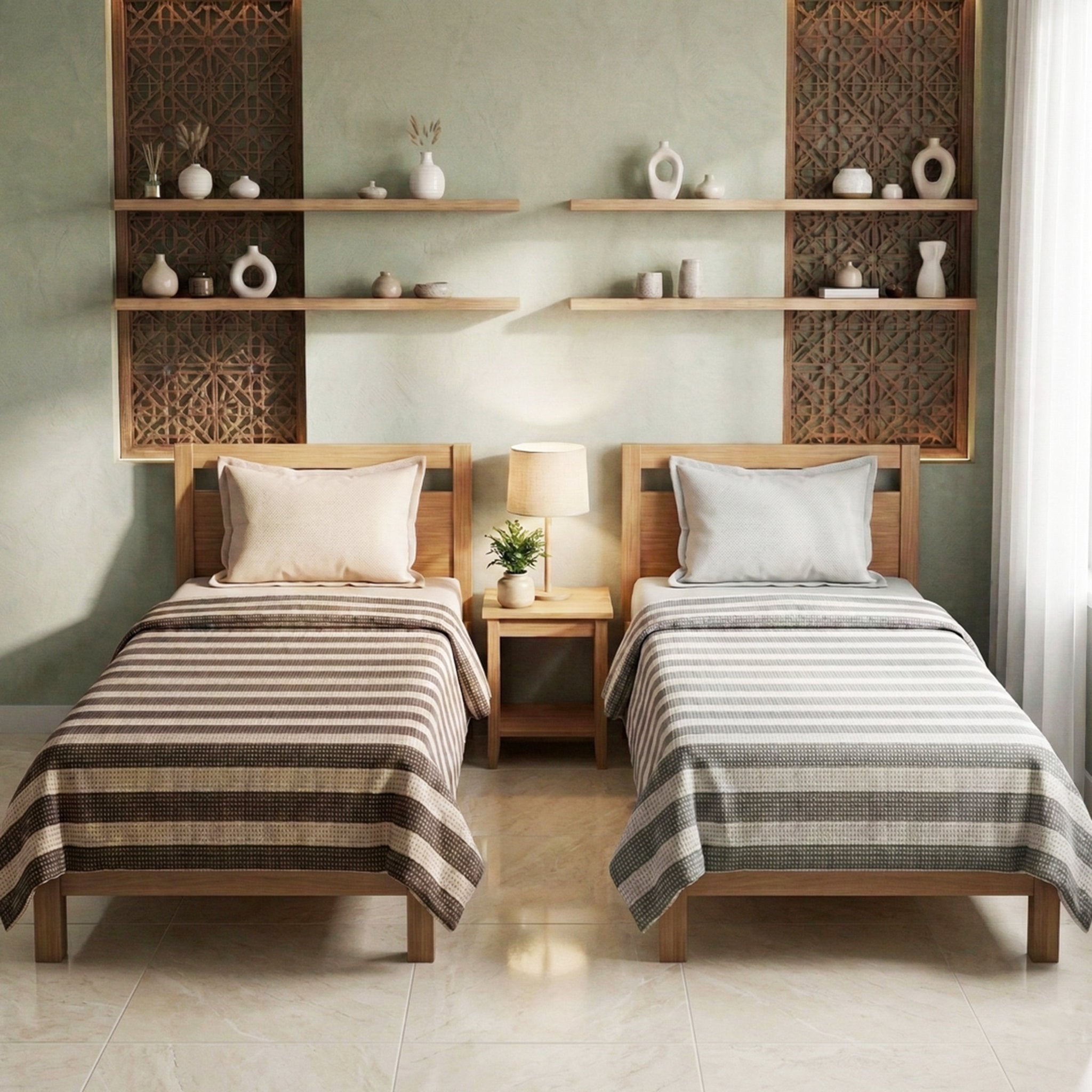 Star Chaddar Stripes Cotton Bedsheet | Brown & Green Pack of 2 by Athom Living - Athom Living