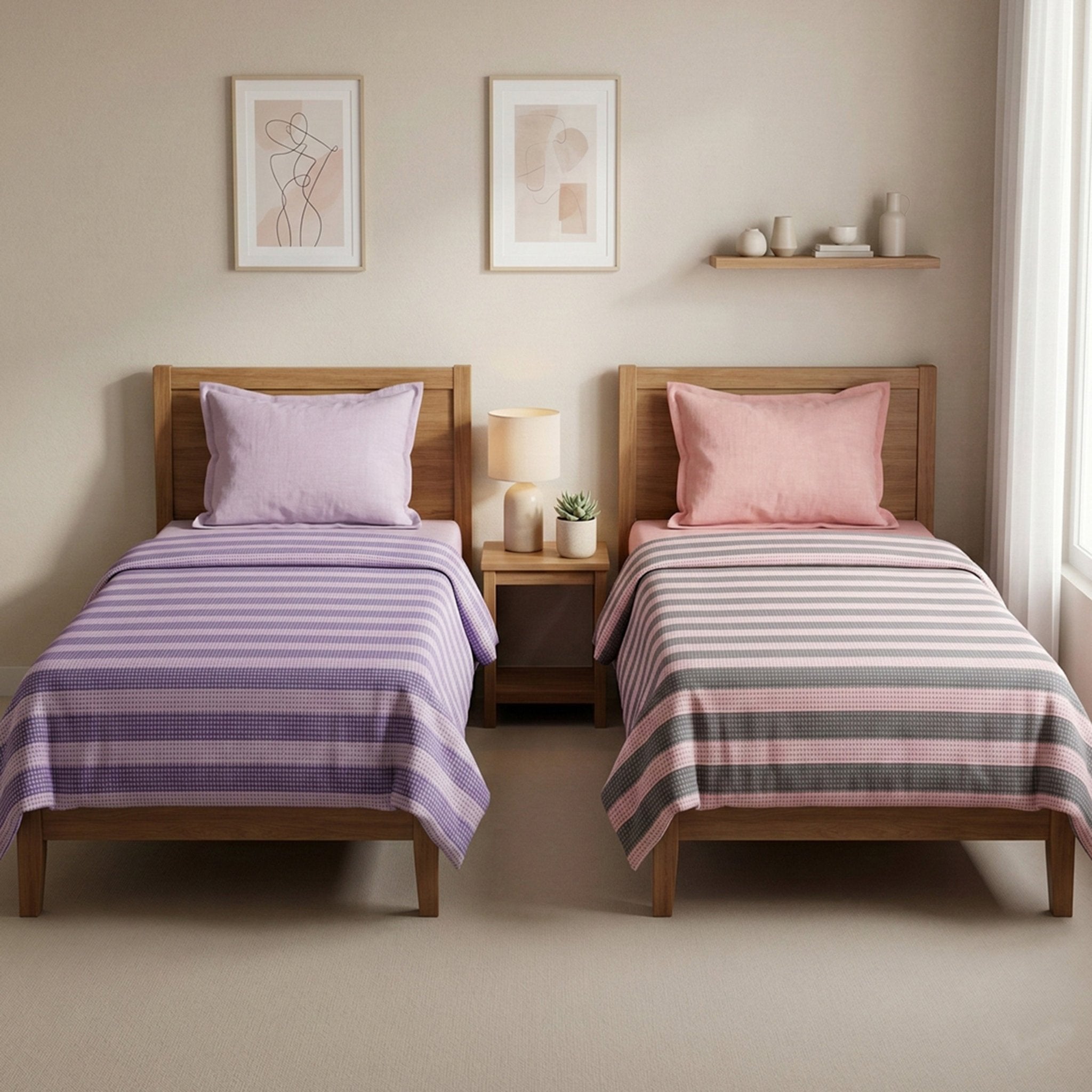 Star Chaddar Stripes Cotton Bedsheet | Lavender & Pink Grey color, Pack of 2 by Athom Living - Athom Living