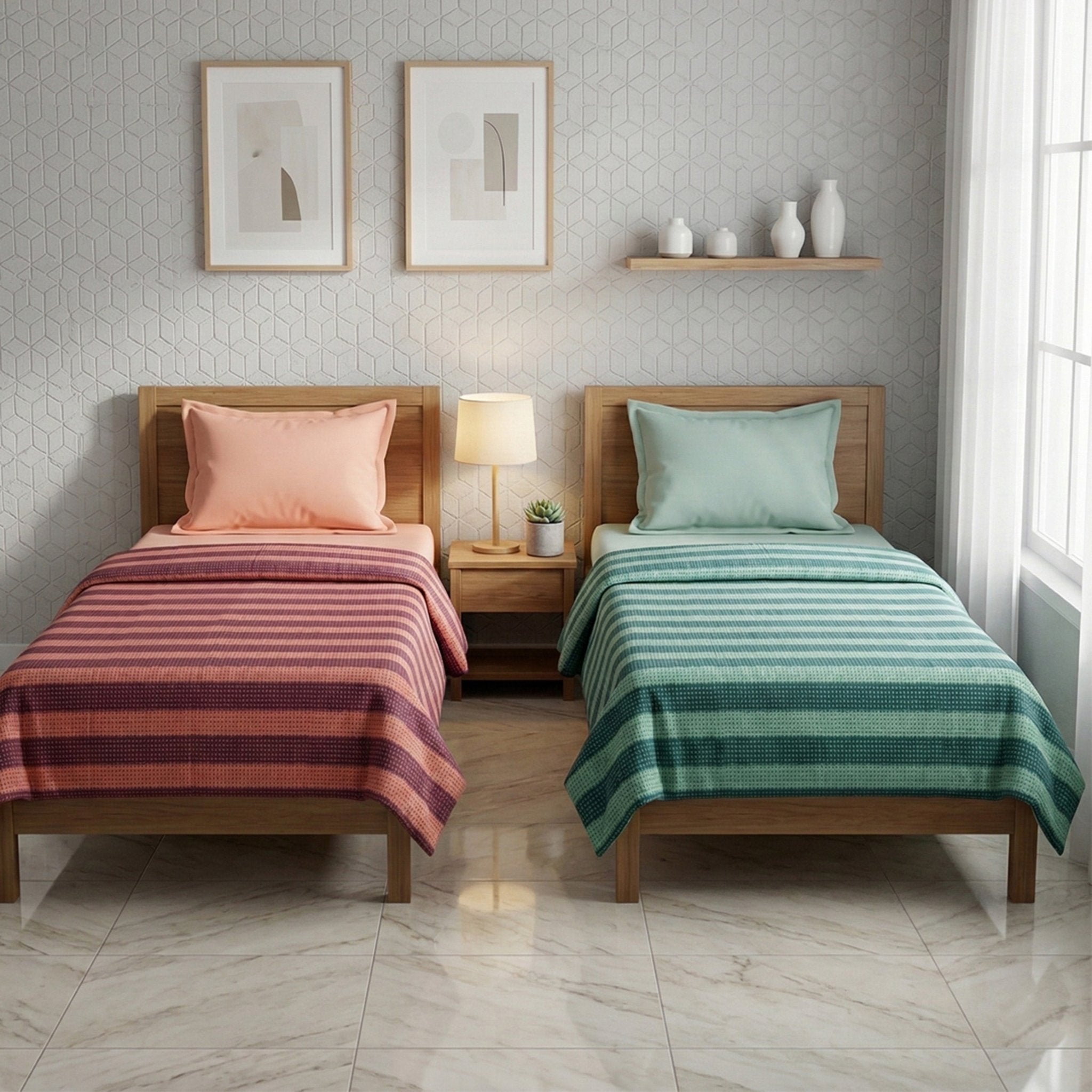 Star Chaddar Stripes Cotton Bedsheet | Lavender & Water Green,Pack of 2 by Athom Living - Athom Living