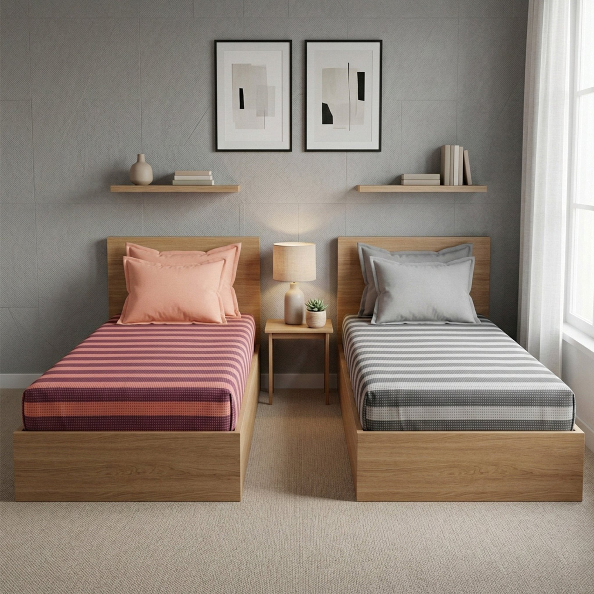 Star Chaddar Stripes Cotton Bedsheet | Maroon & Grey color, Pack of 2 by Athom Living - Athom Living