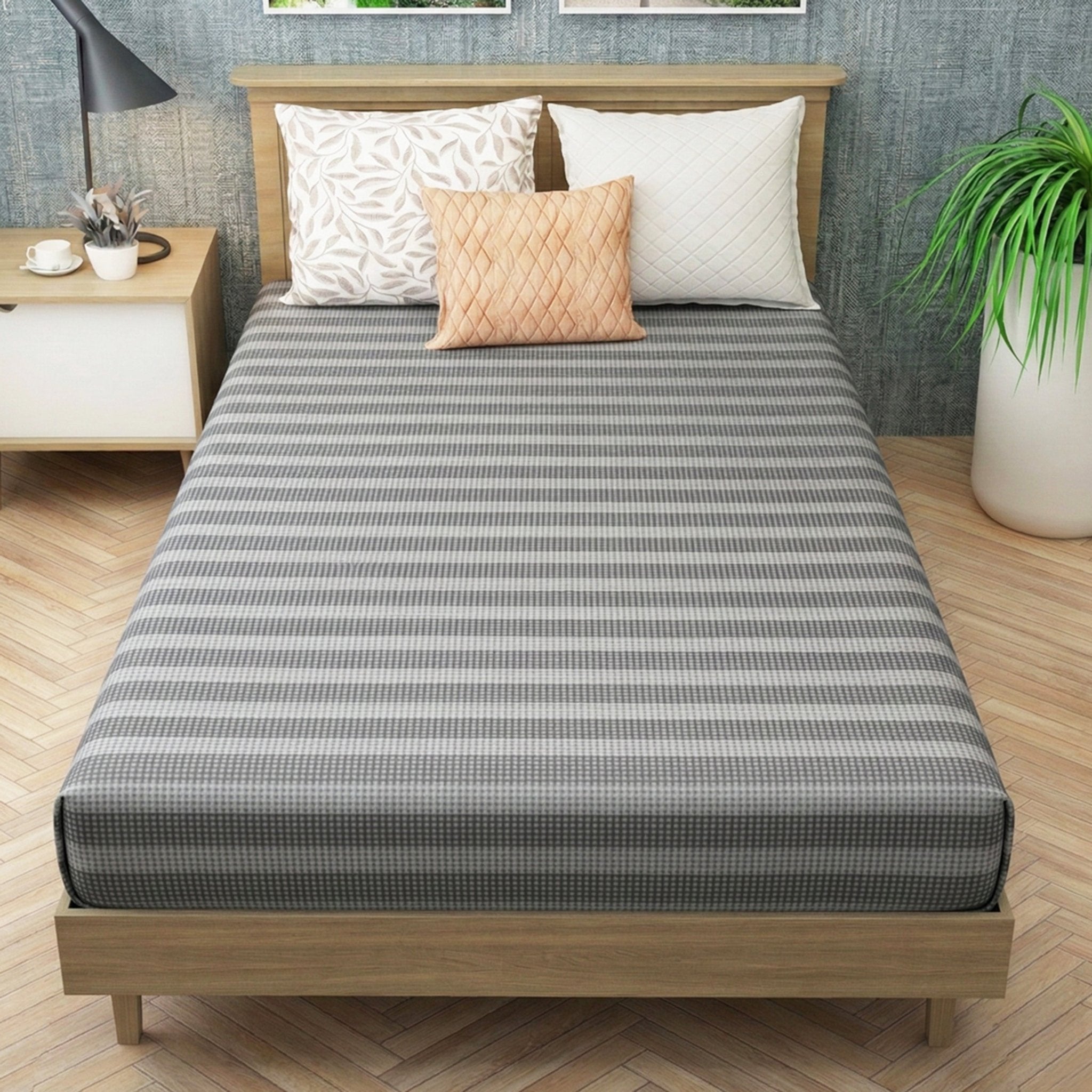 Star Chaddar Stripes Cotton Bedsheet | Maroon & Grey color, Pack of 2 by Athom Living - Athom Living