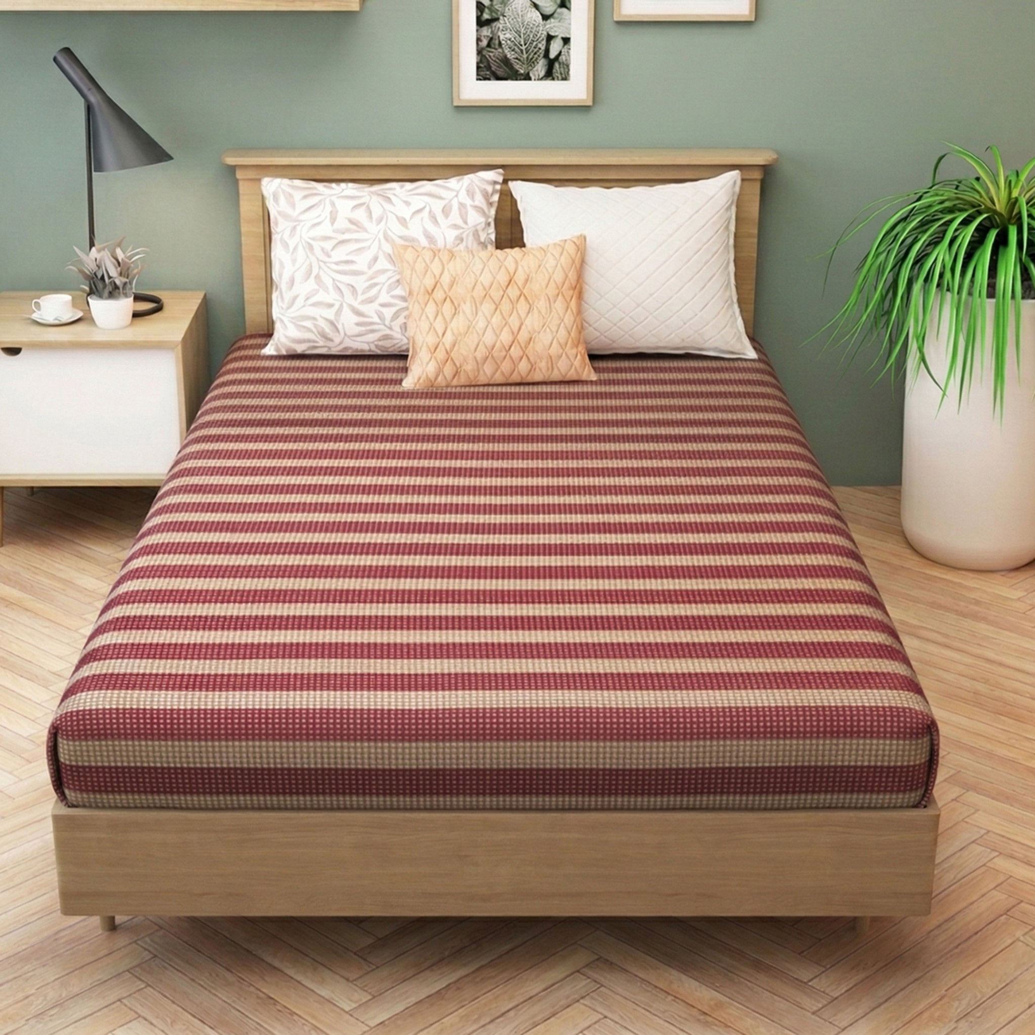 Star Chaddar Stripes Cotton Bedsheet | Maroon & Grey, Pack of 2 by Athom Living - Athom Living