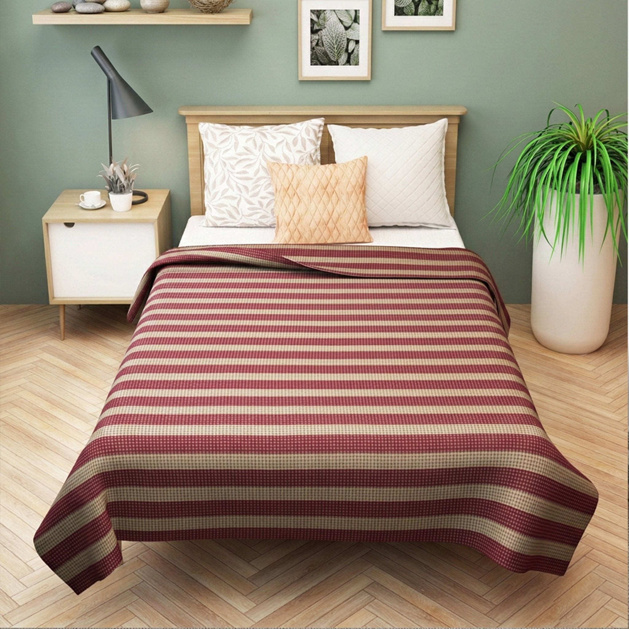 Star Chaddar Stripes Cotton Bedsheet | Maroon & Grey, Pack of 2 by Athom Living - Athom Living