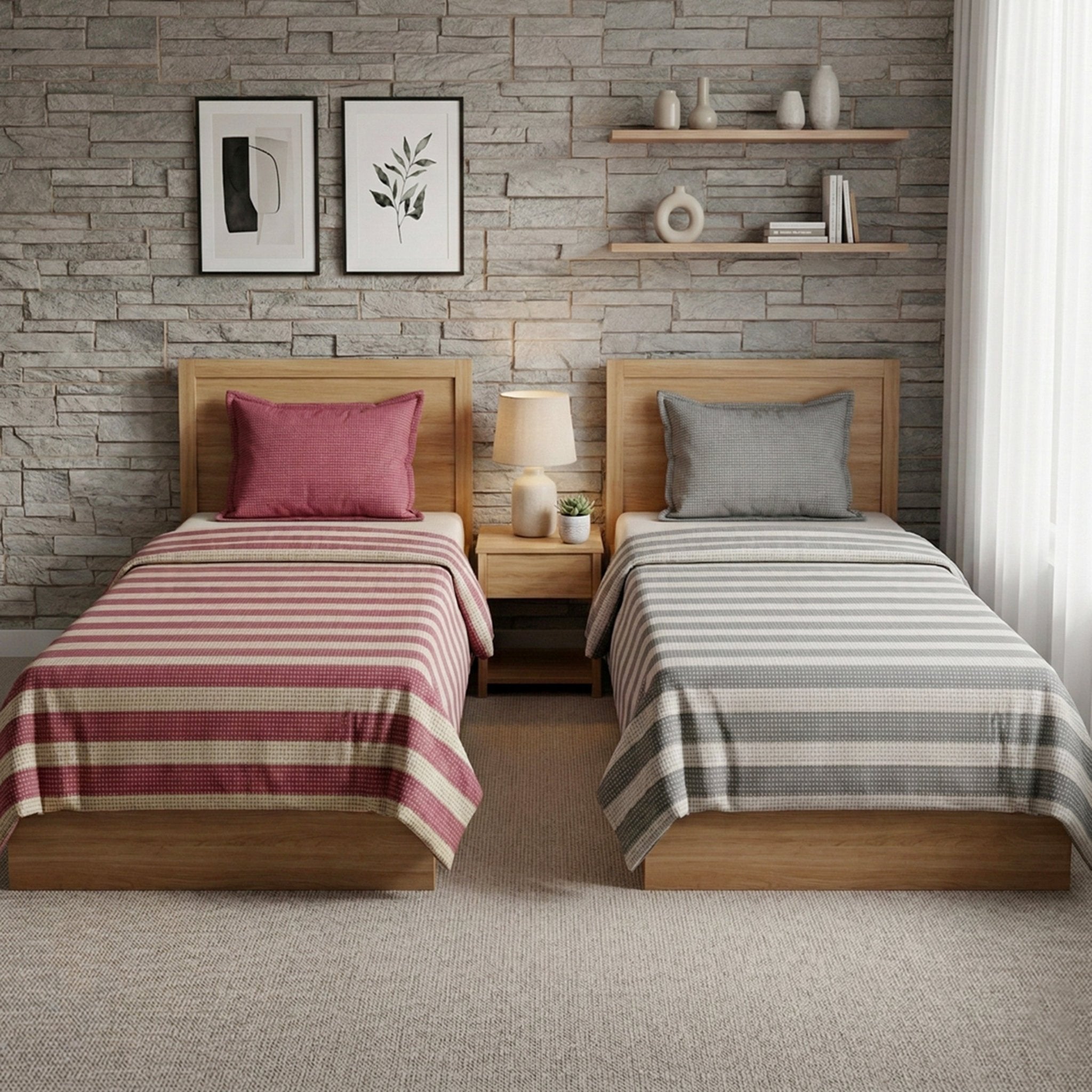Star Chaddar Stripes Cotton Bedsheet | Maroon & Grey, Pack of 2 by Athom Living - Athom Living