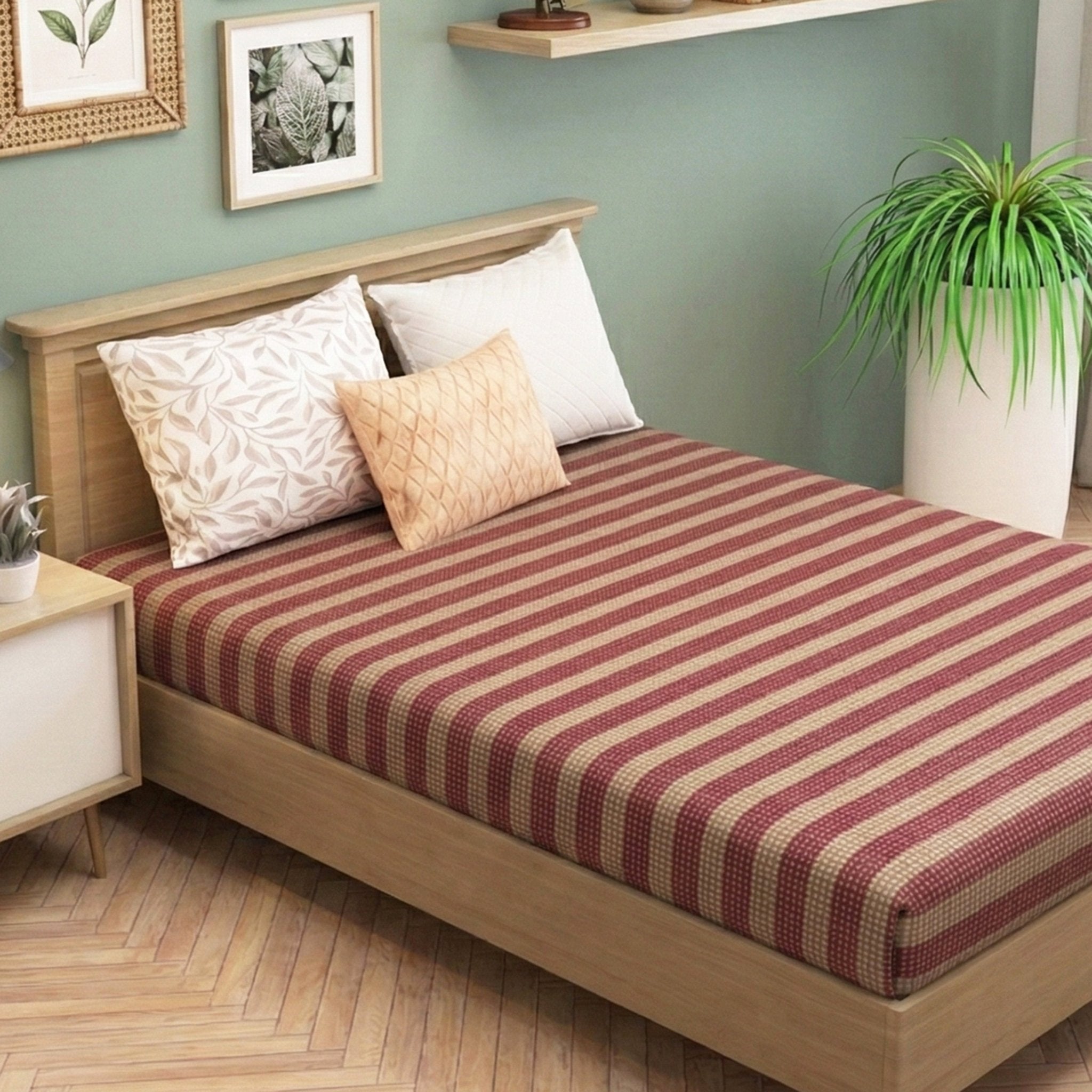 Star Chaddar Stripes Cotton Bedsheet | Maroon & Grey, Pack of 2 by Athom Living - Athom Living