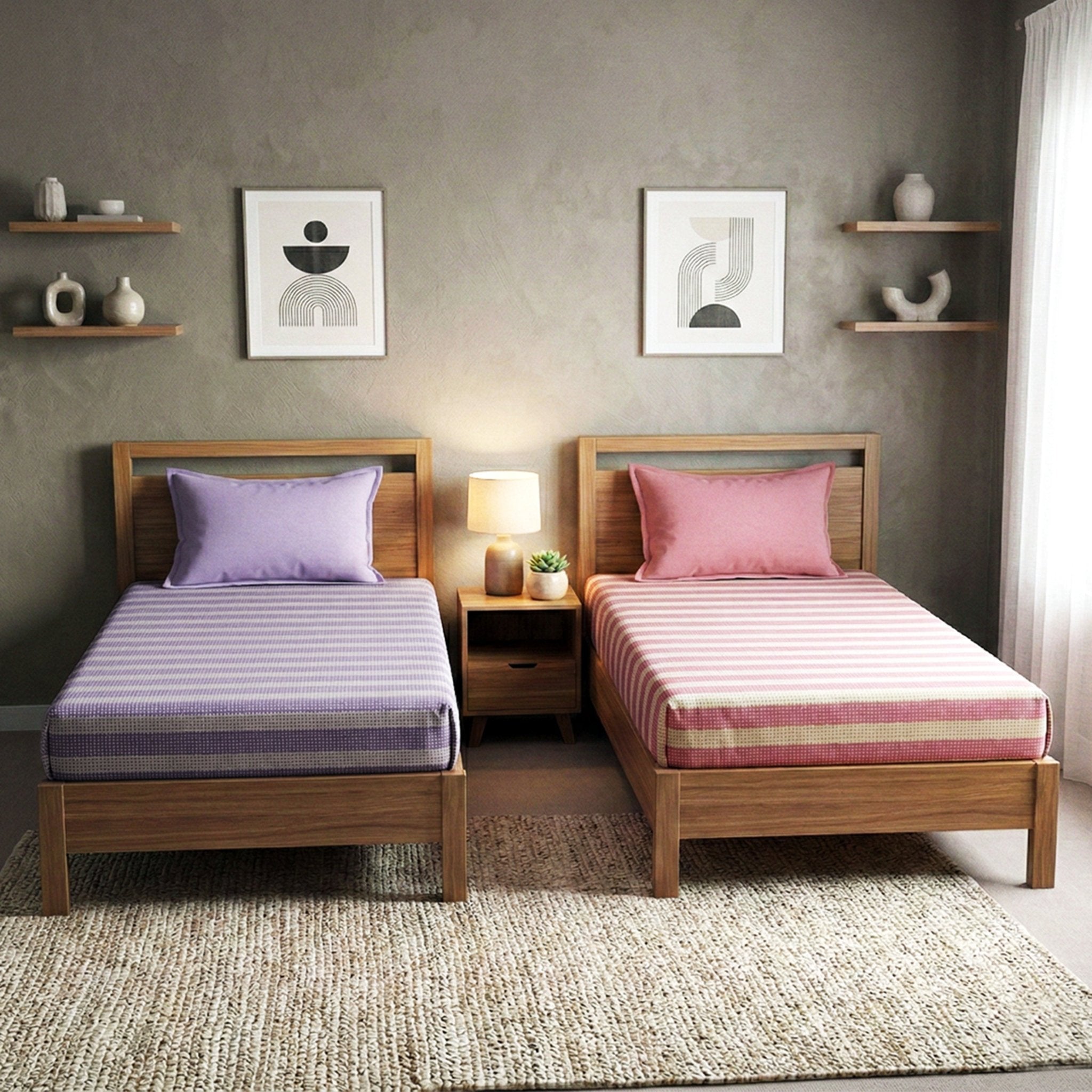 Star Chaddar Stripes Cotton Bedsheet | Maroon & Lavender color, Pack of 2 by Athom Living - Athom Living