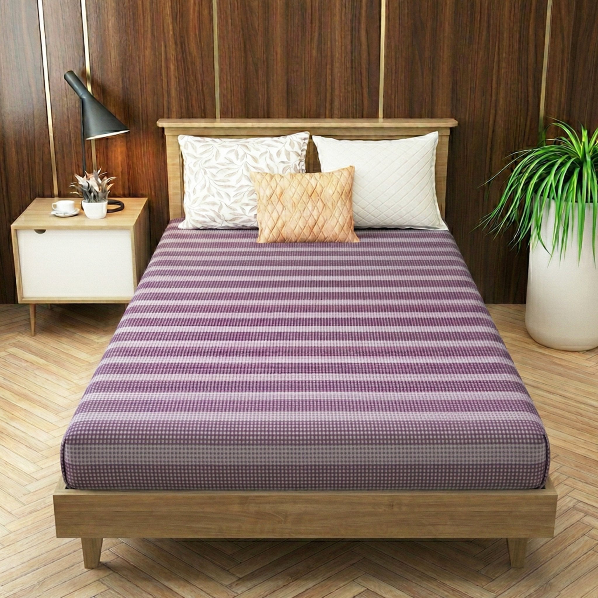 Star Chaddar Stripes Cotton Bedsheet | Maroon & Lavender color, Pack of 2 by Athom Living - Athom Living
