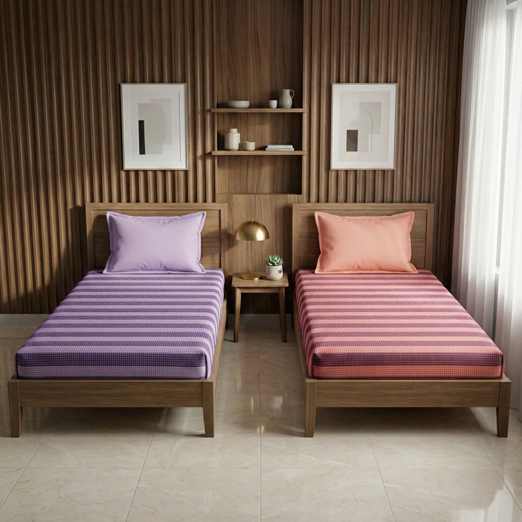 Star Chaddar Stripes Cotton Bedsheet Maroon & Lavender Pack of 2 by Athom Living - Athom Living