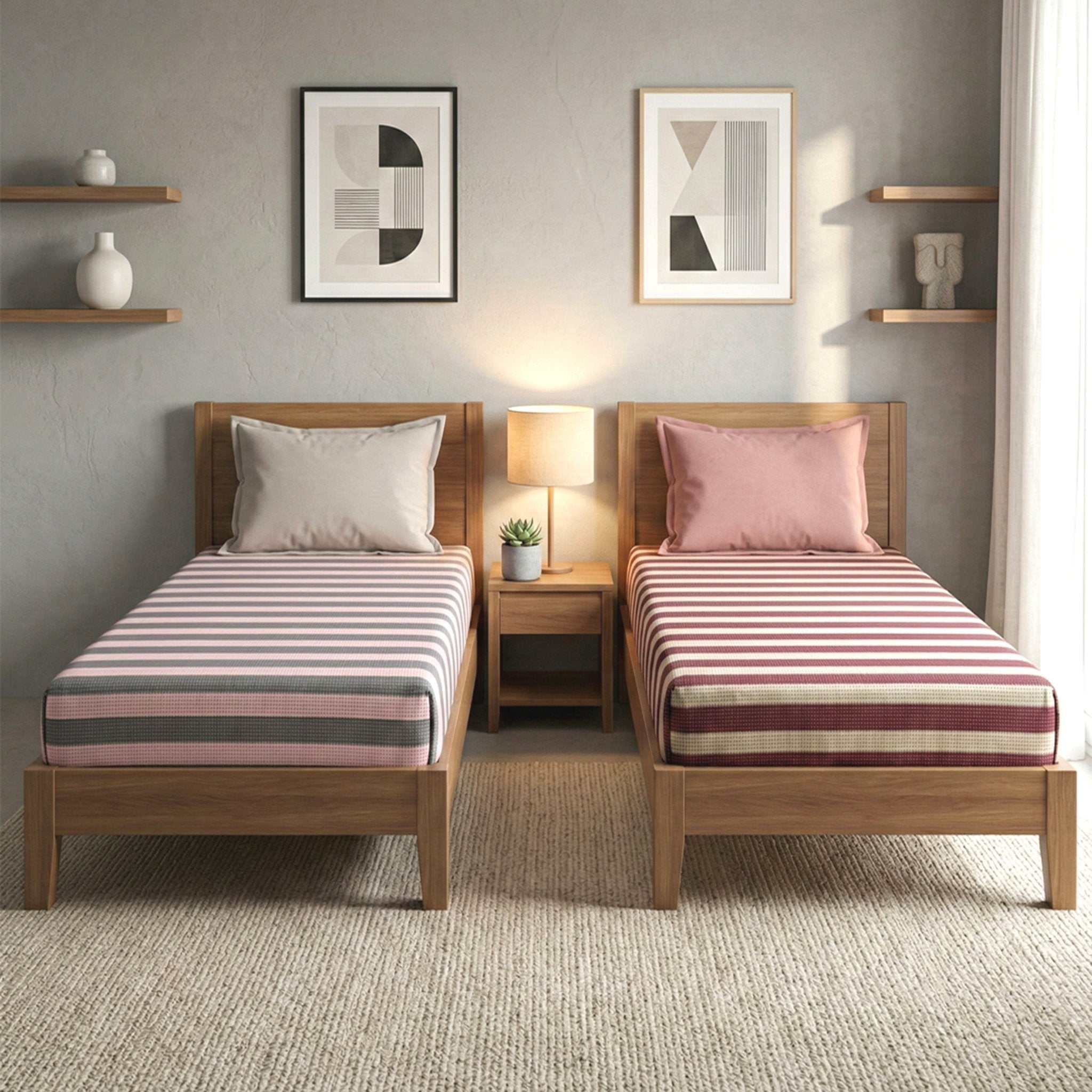 Star Chaddar Stripes Cotton Bedsheet Maroon & Pink Grey color Pack of 2 by Athom Living - Athom Living