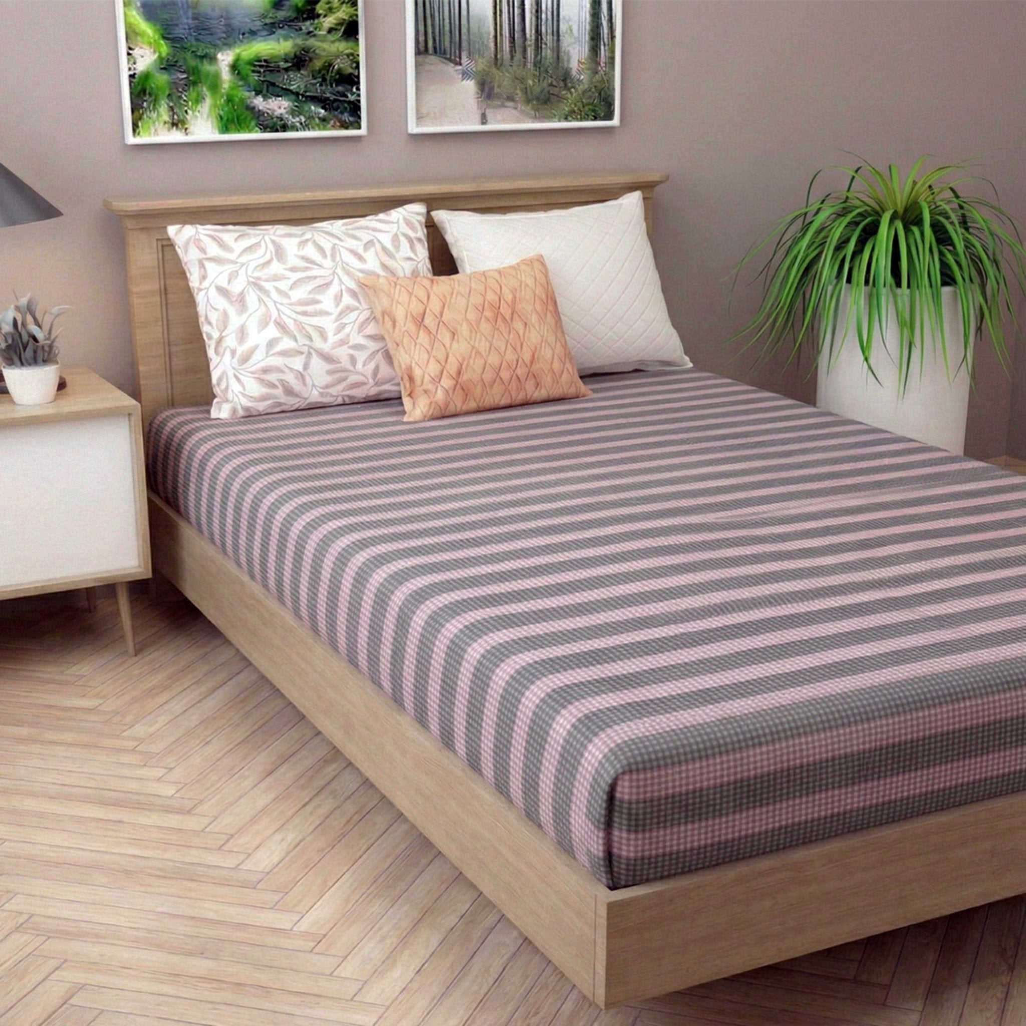 Star Chaddar Stripes Cotton Bedsheet Maroon & Pink Grey color Pack of 2 by Athom Living - Athom Living