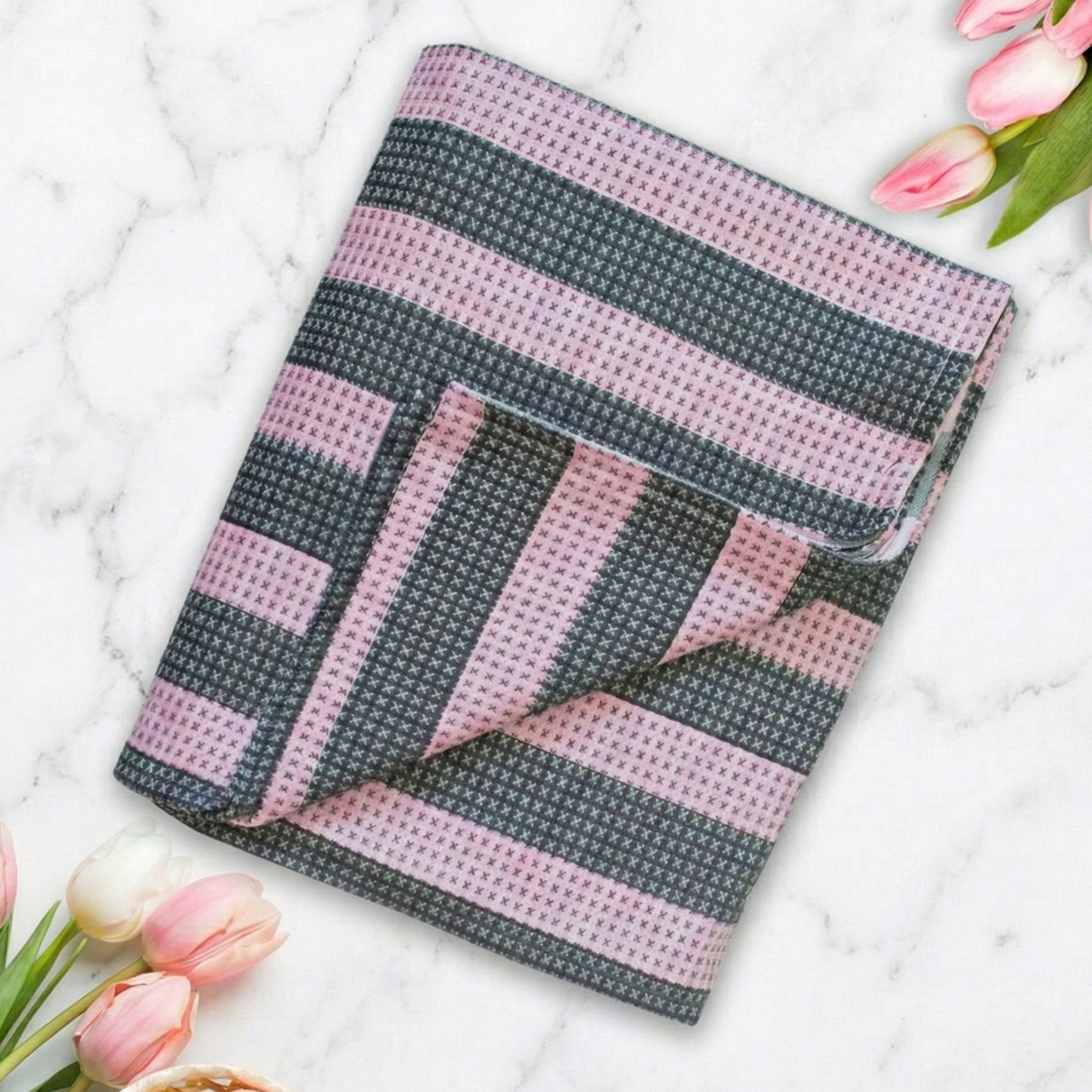 Star Chaddar Stripes Cotton Bedsheet | Pink & Grey color, Pack of 2 by Athom Living - Athom Living