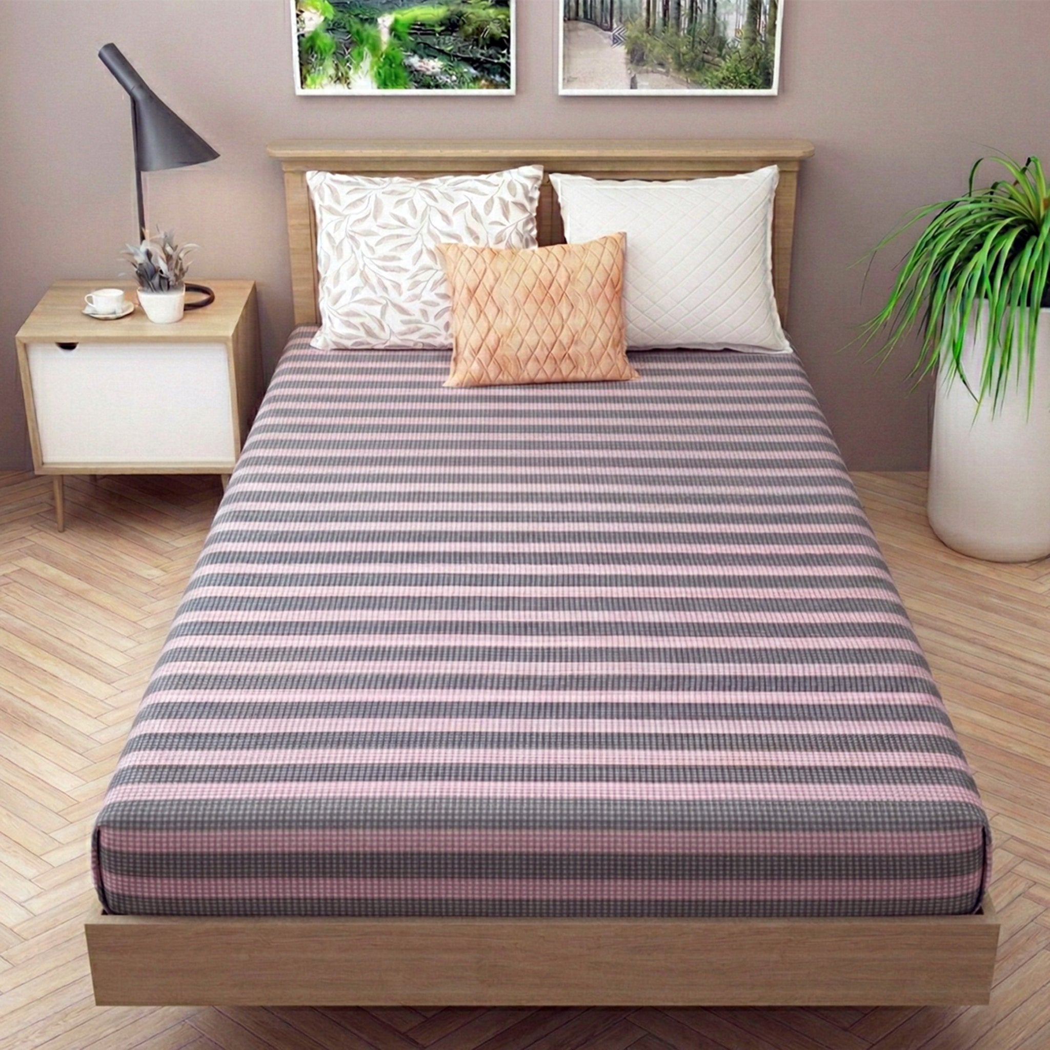 Star Chaddar Stripes Cotton Bedsheet | Pink & Grey color, Pack of 2 by Athom Living - Athom Living