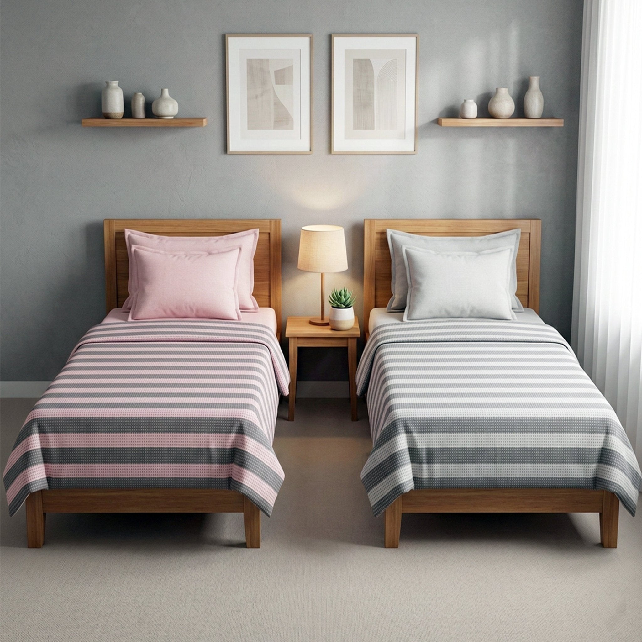 Star Chaddar Stripes Cotton Bedsheet | Pink & Grey color, Pack of 2 by Athom Living - Athom Living